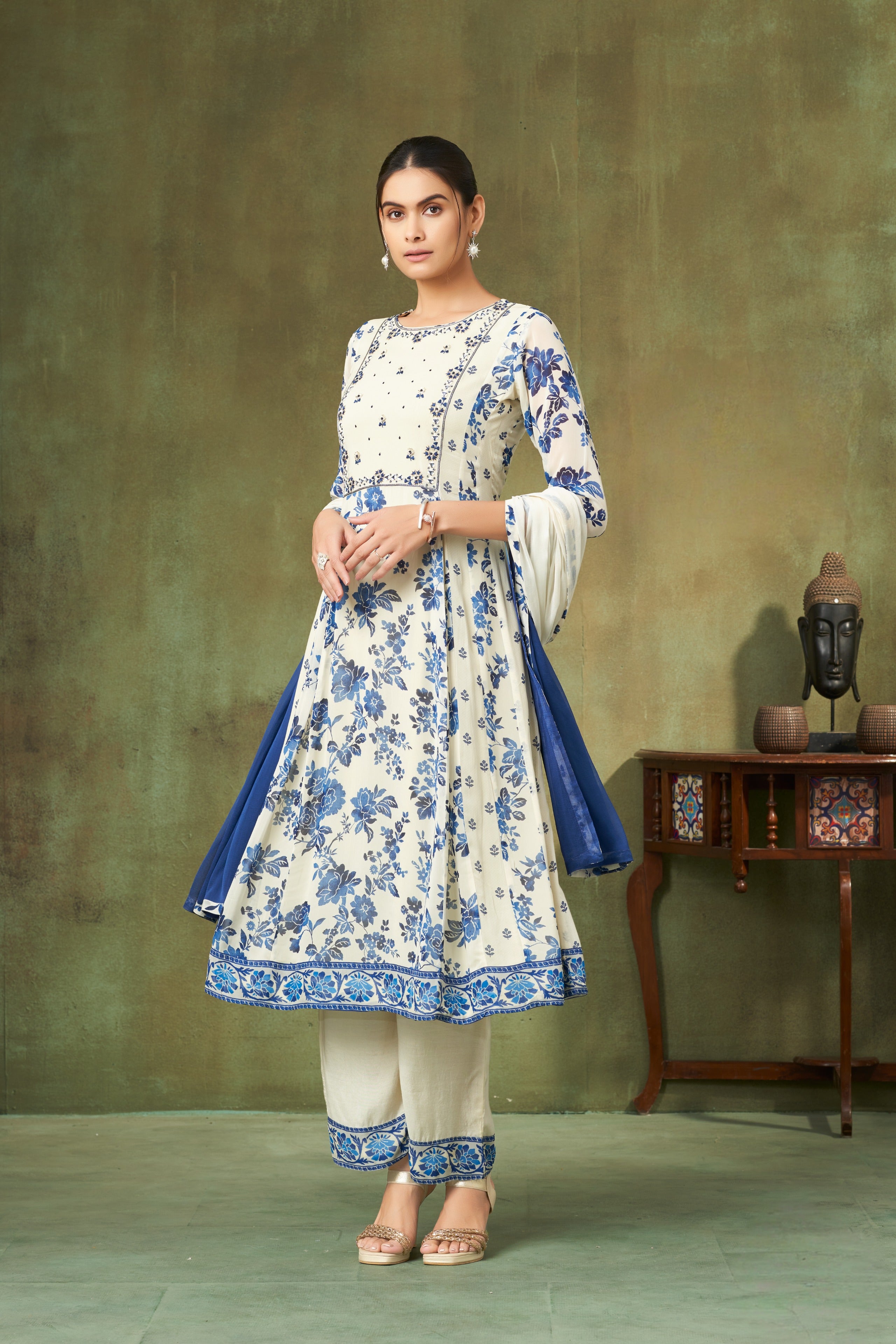Ivory & Blue Floral Georgette A-Line Salwar Suit