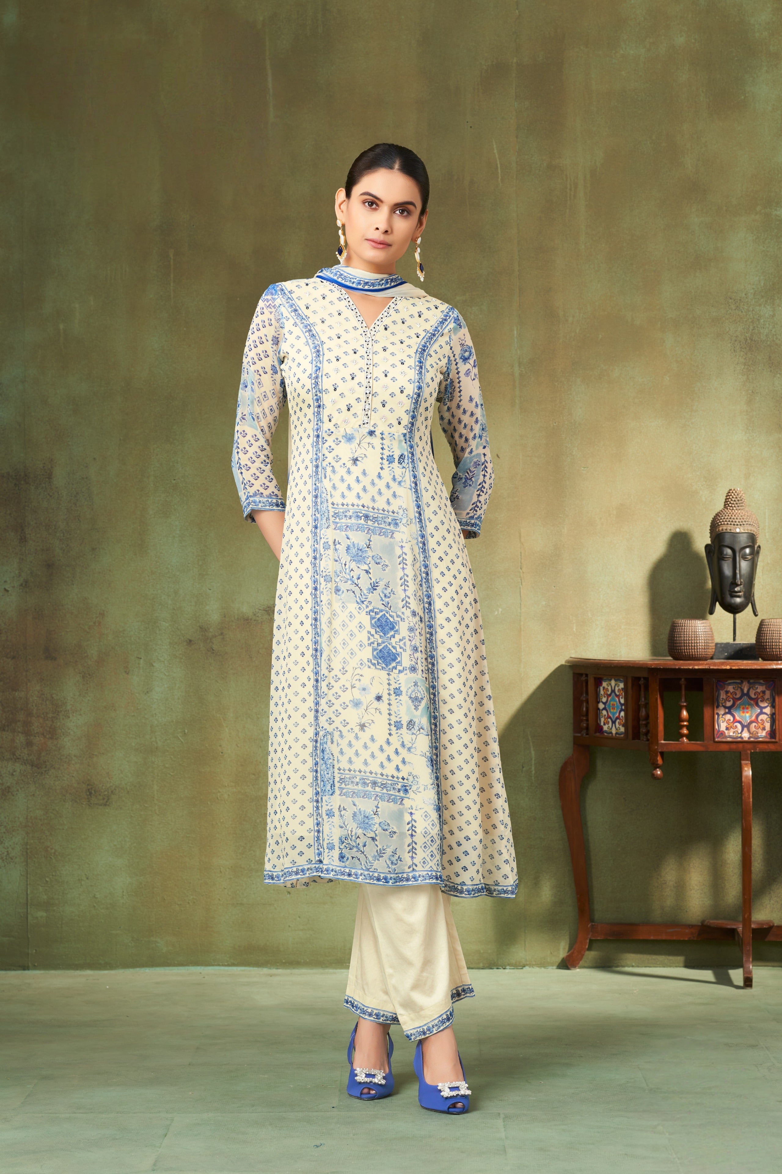 Ivory & Blue Printed Georgette A-Line Salwar Suit with Floral Motifs
