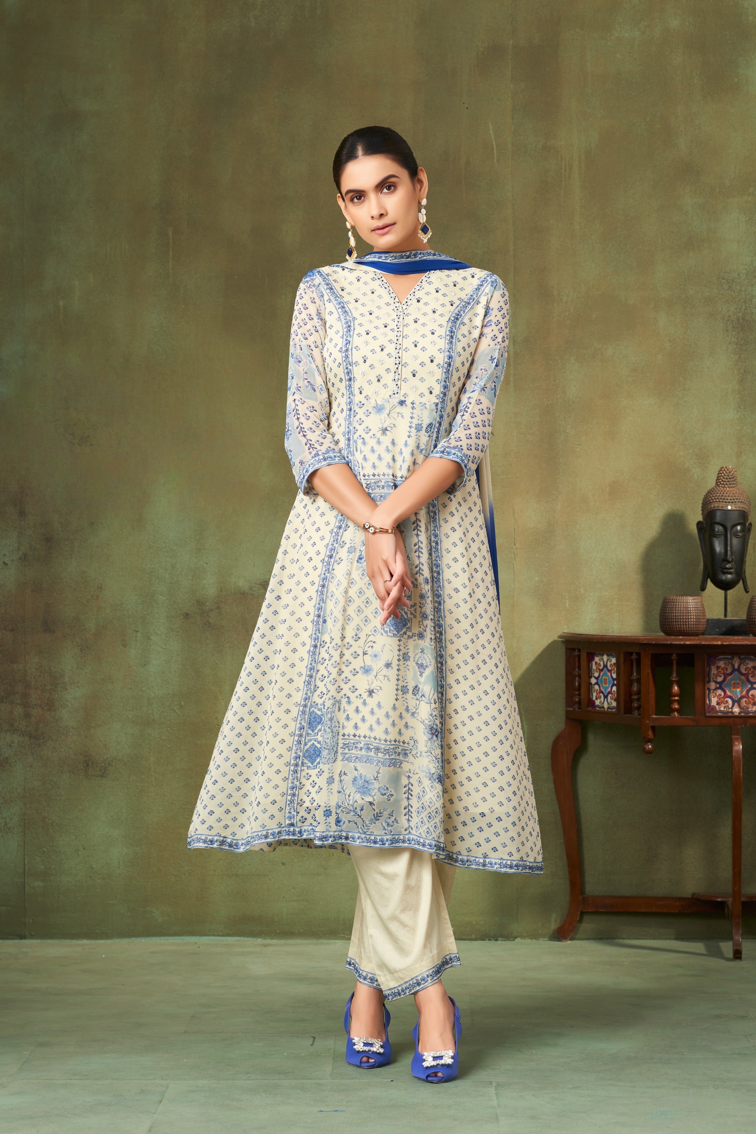 Ivory & Blue Printed Georgette A-Line Salwar Suit with Floral Motifs