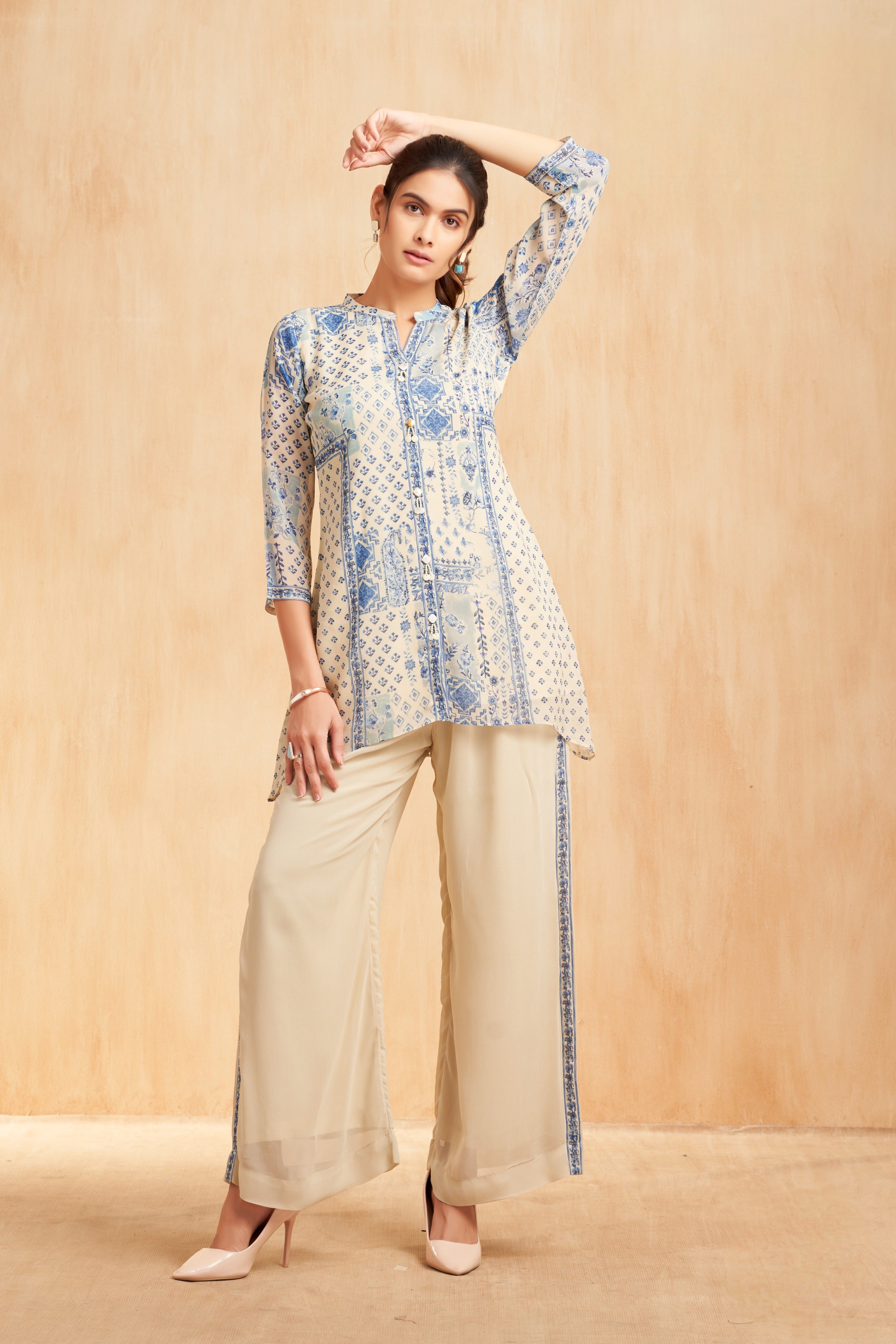 Powder Blue & Ivory Printed Georgette Kurta Set