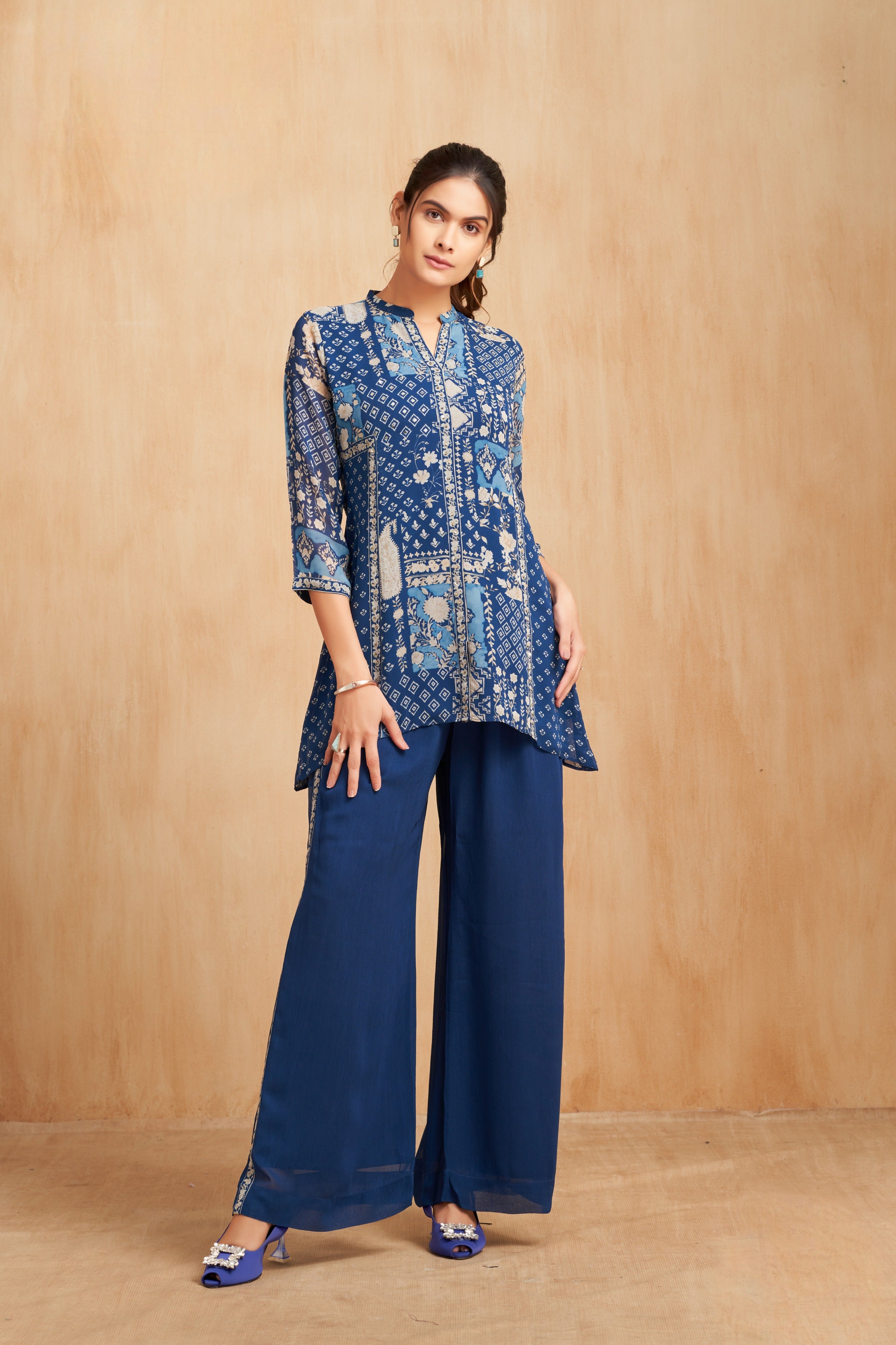 Royal Cobalt Printed Georgette Kurta Set with Patchwork Motifs