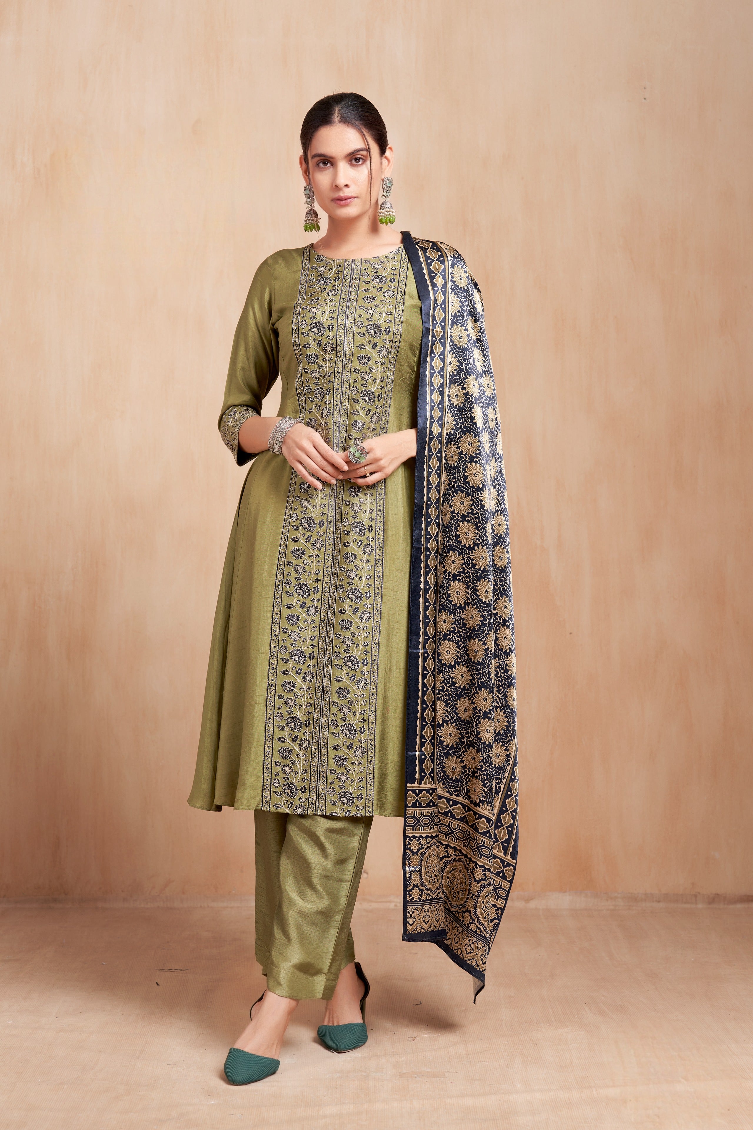 Olive Green Embroidered Silk Kurta Set with Printed Dupatta