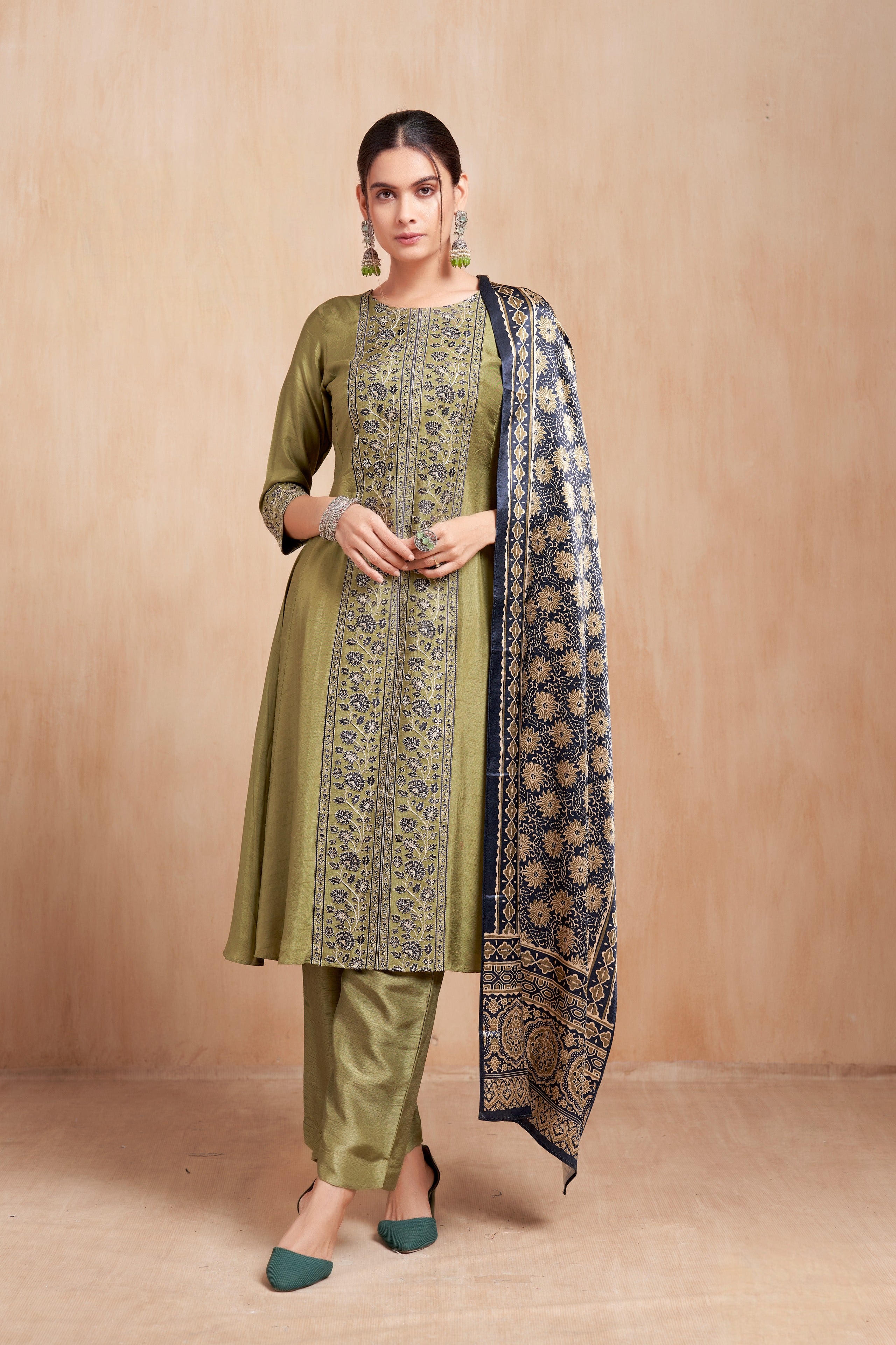Olive Green Embroidered Silk Kurta Set with Printed Dupatta