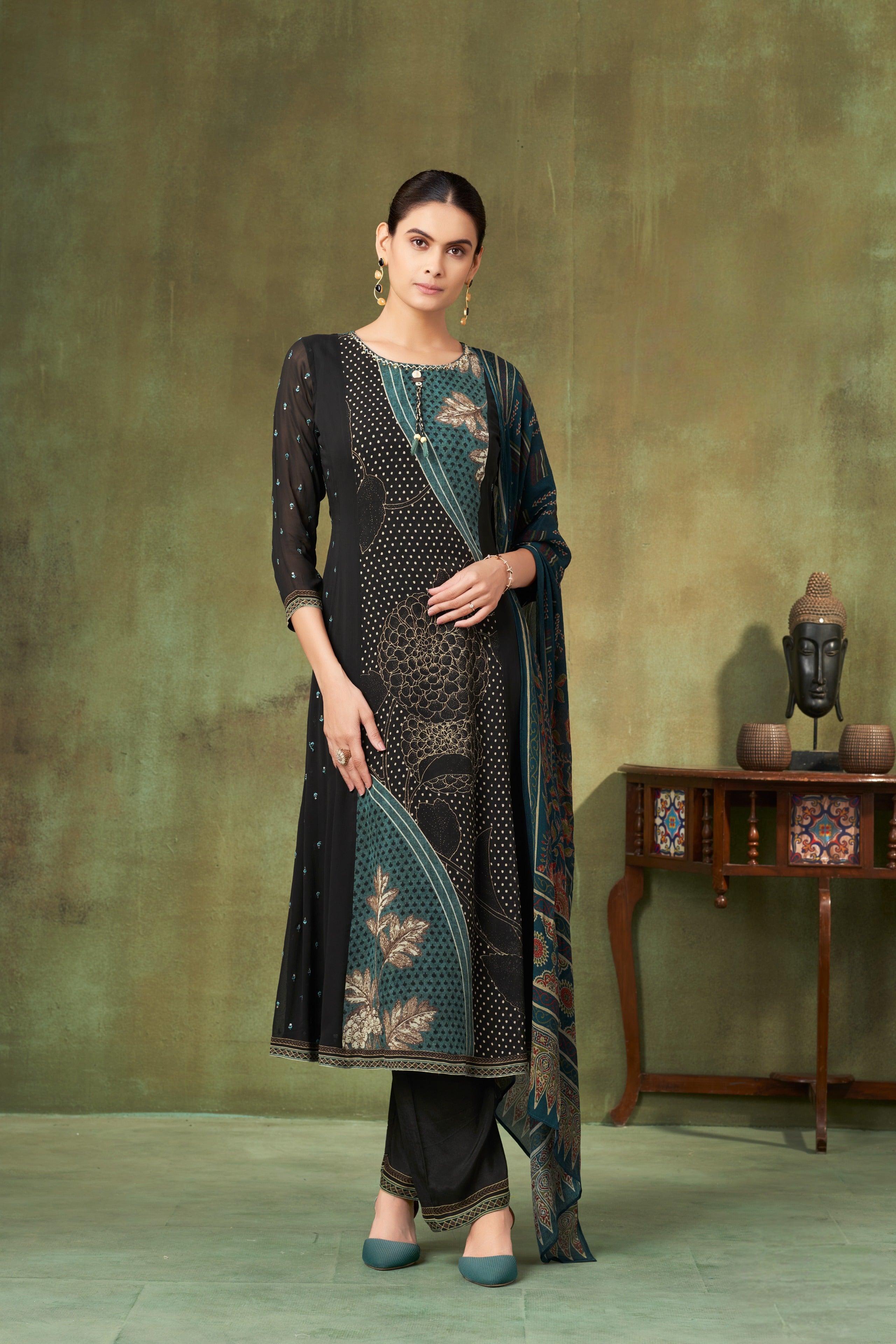 Emerald Teal & Charcoal Printed Georgette A-Line Salwar Suit Set