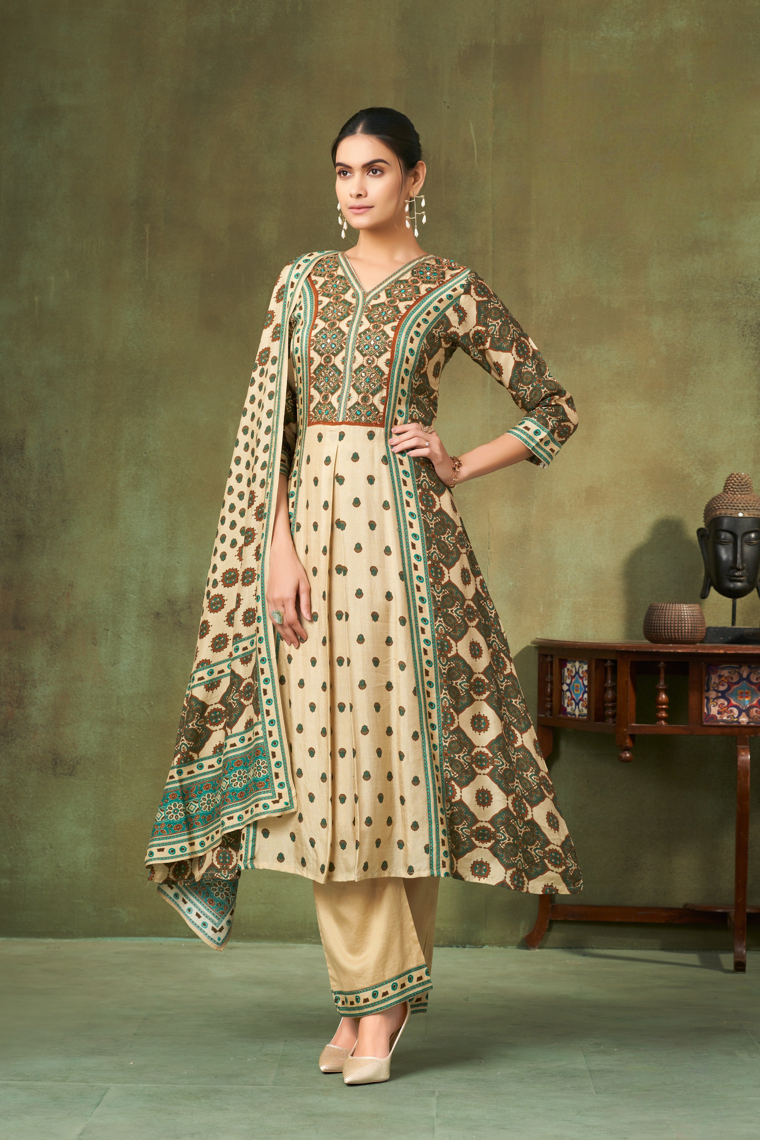 Ivory & Teal Printed Silk A-Line Salwar Suit Set