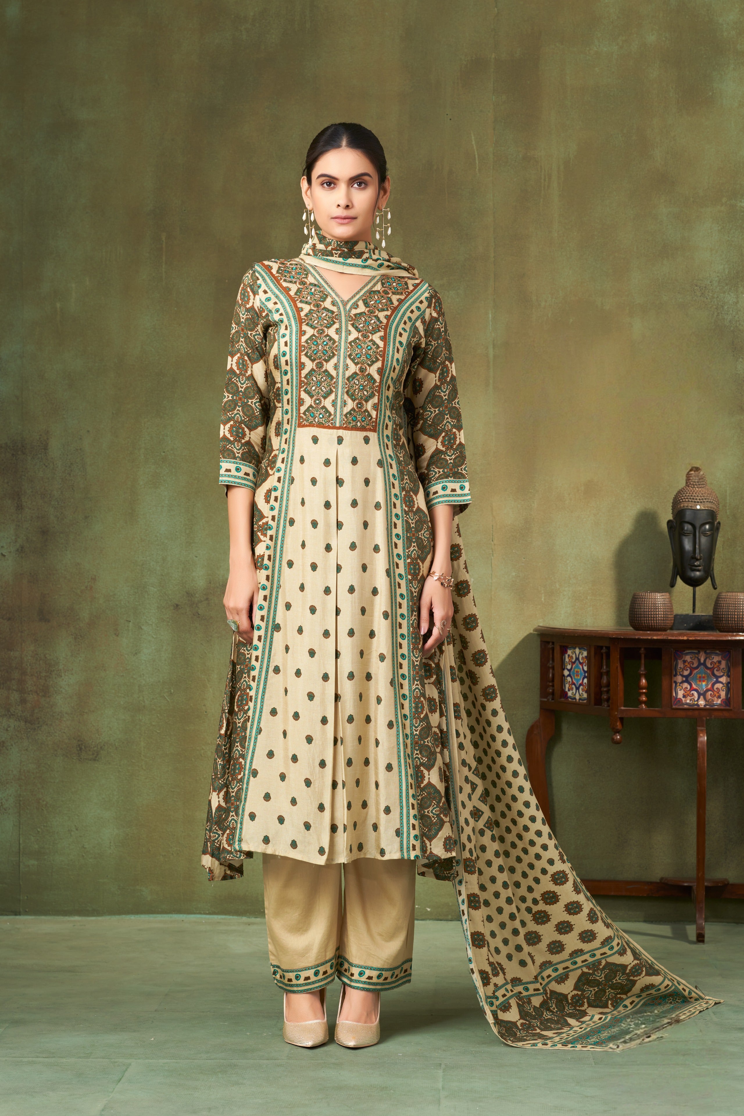 Ivory & Teal Printed Silk A-Line Salwar Suit Set