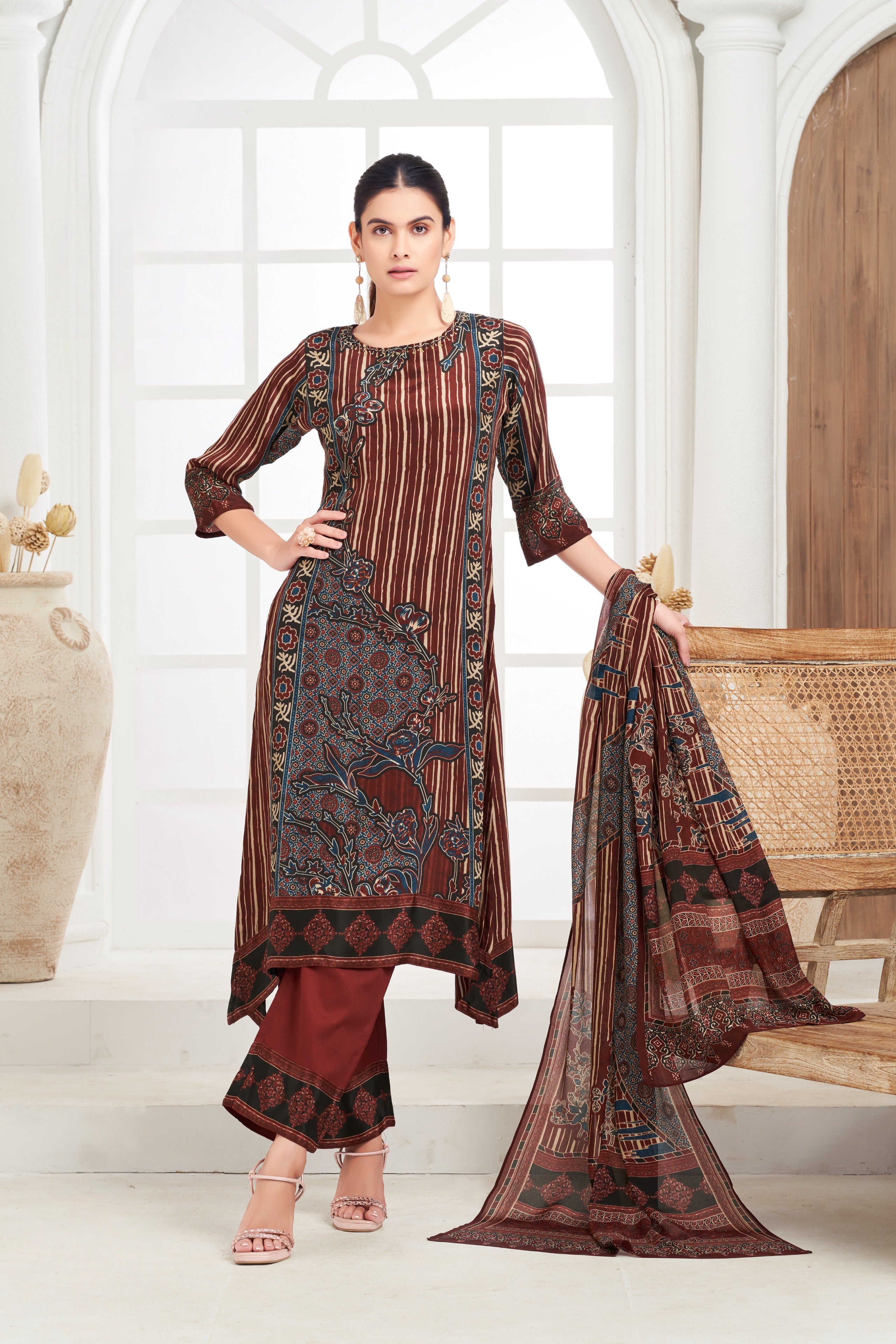 Maroon Crepe Kurta Set with Ajrakh-Inspired Printed Dupatta