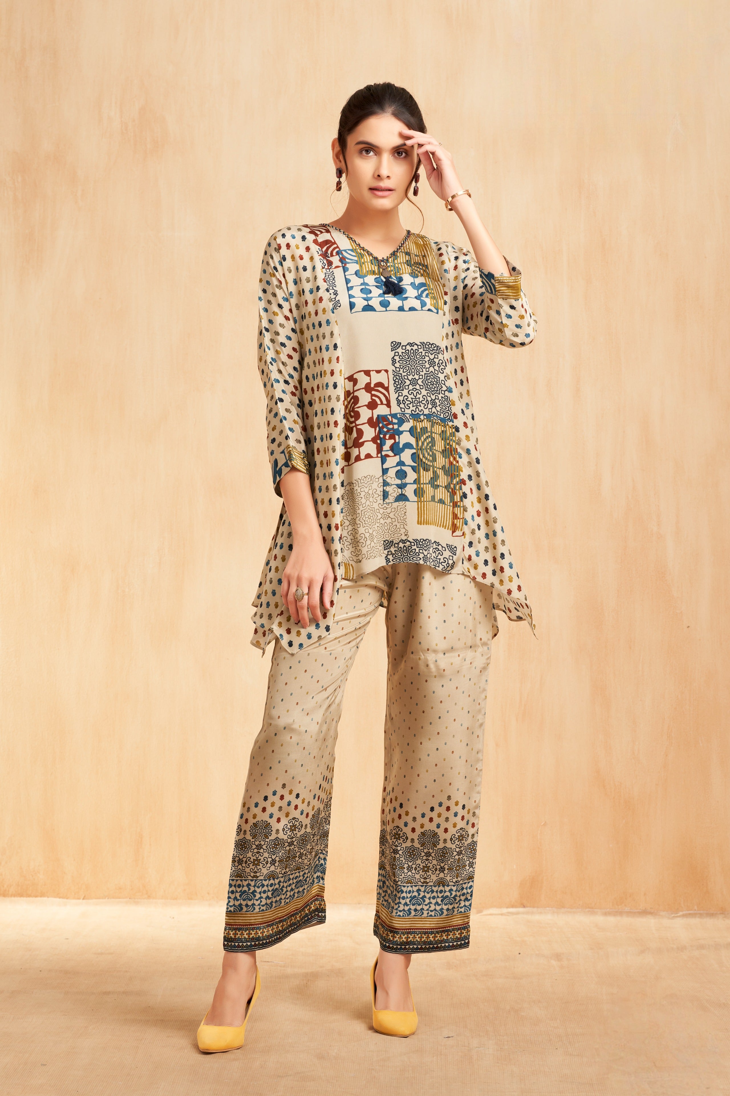 Ivory Printed Silk Kurta Set with Patchwork Motifs
