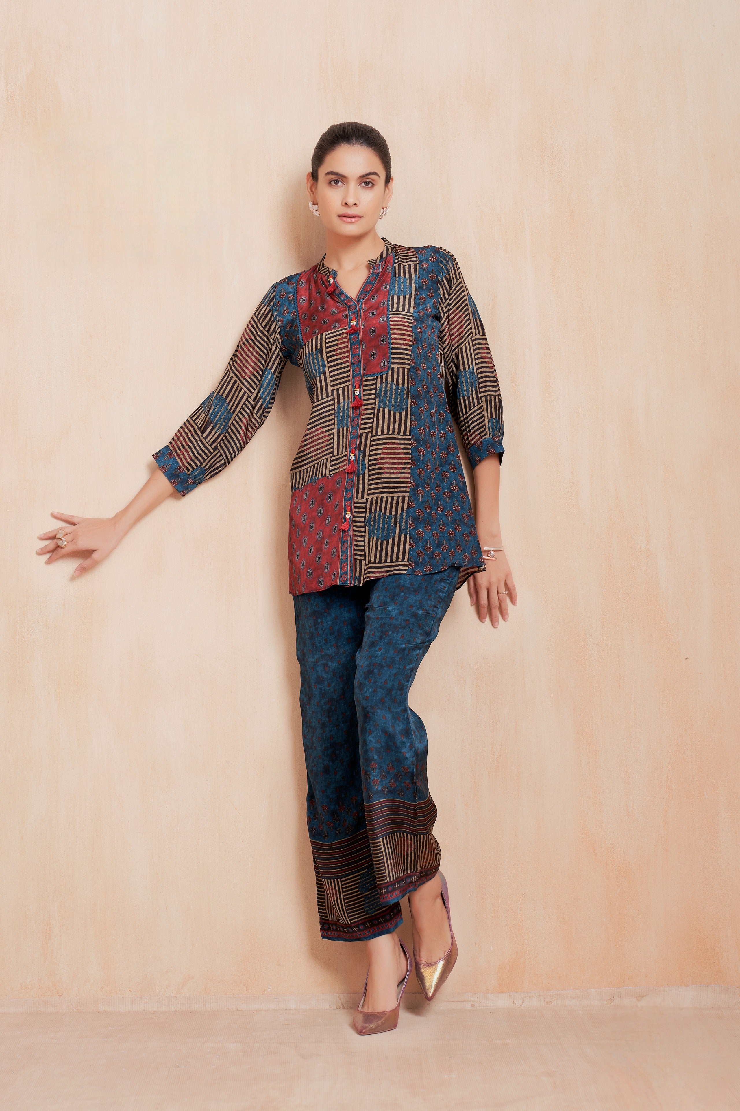 Multi-Colour Printed Crepe Co-Ord Set with Artistic Patchwork Motifs