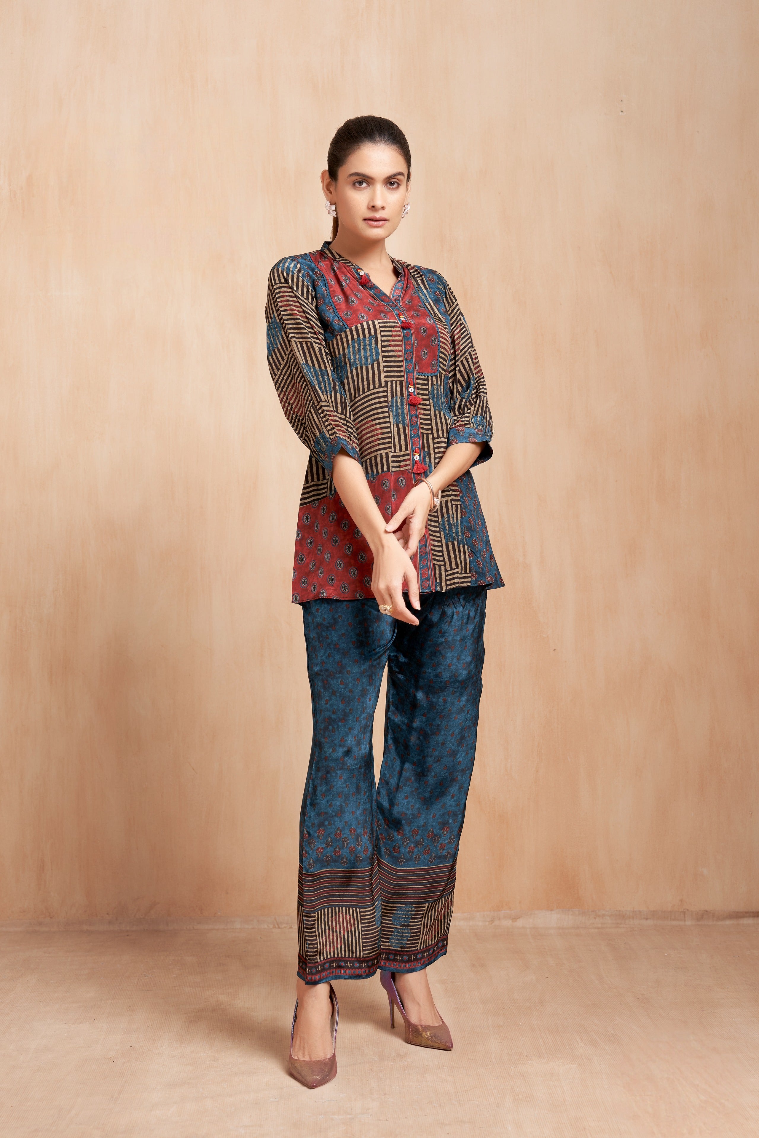 Multi-Colour Printed Crepe Co-Ord Set with Artistic Patchwork Motifs