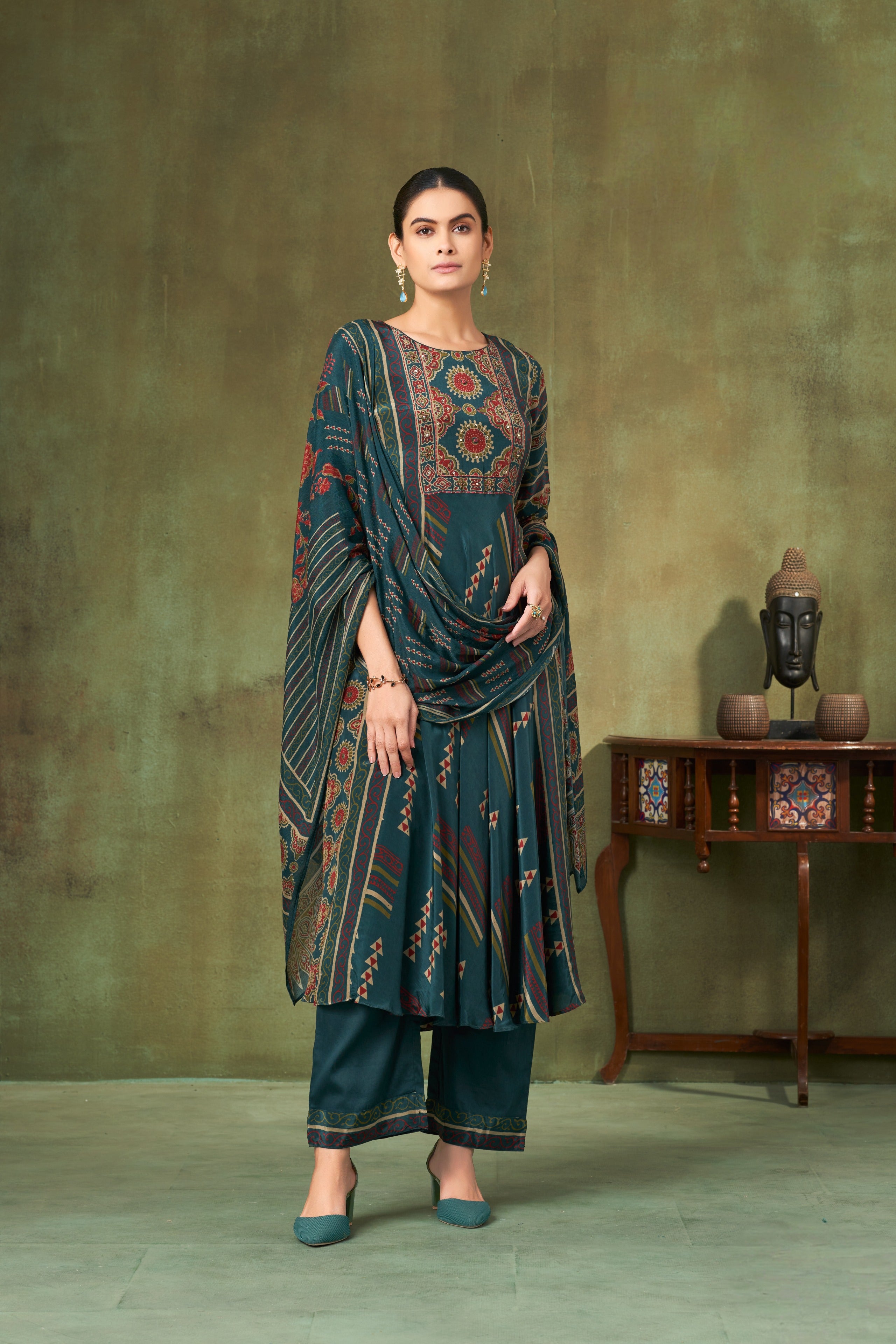Deep Teal Tribal Print Georgette A-Line Salwar Suit Set