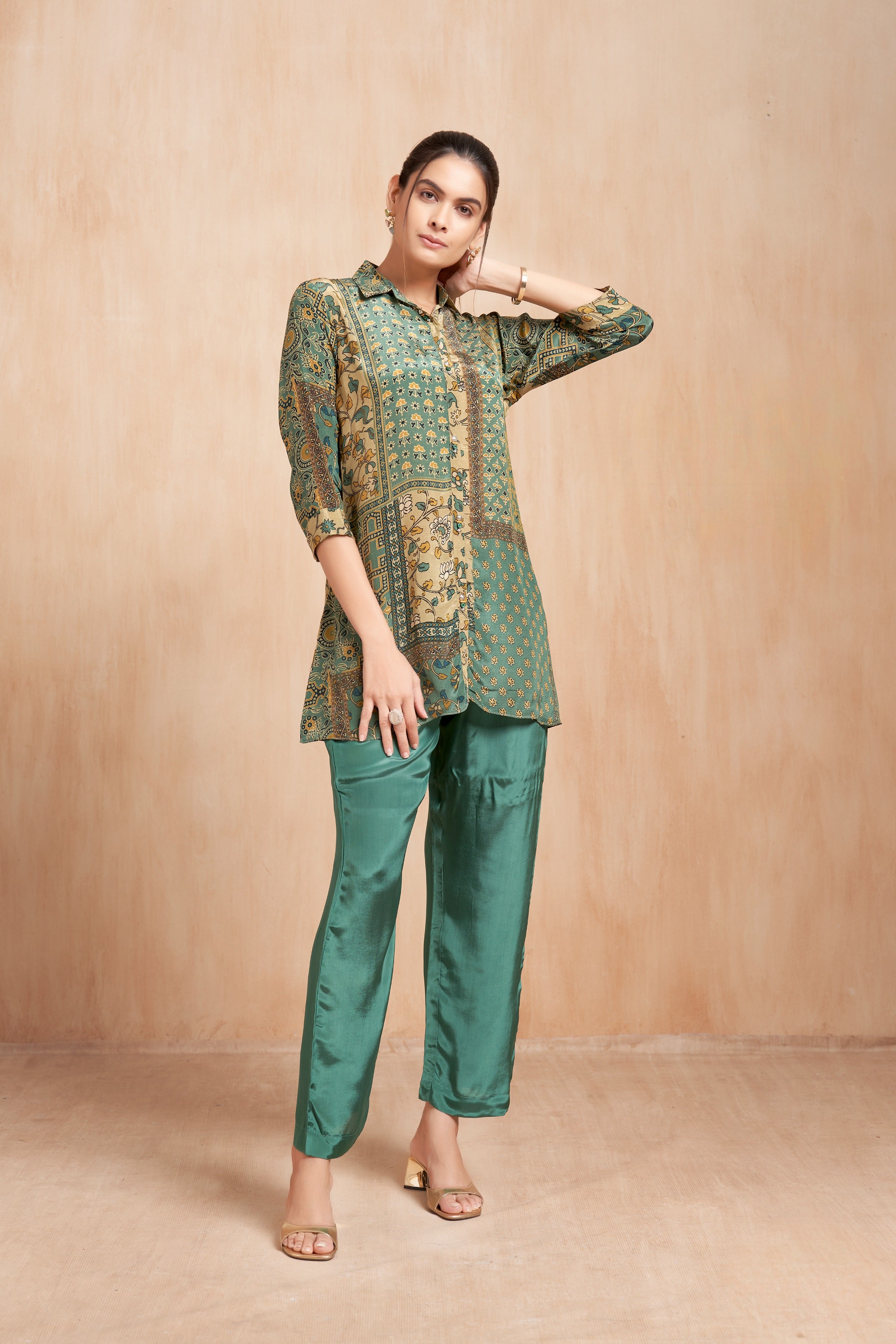 Emerald Printed Crepe Co-Ord Set with Heritage Patchwork Motifs