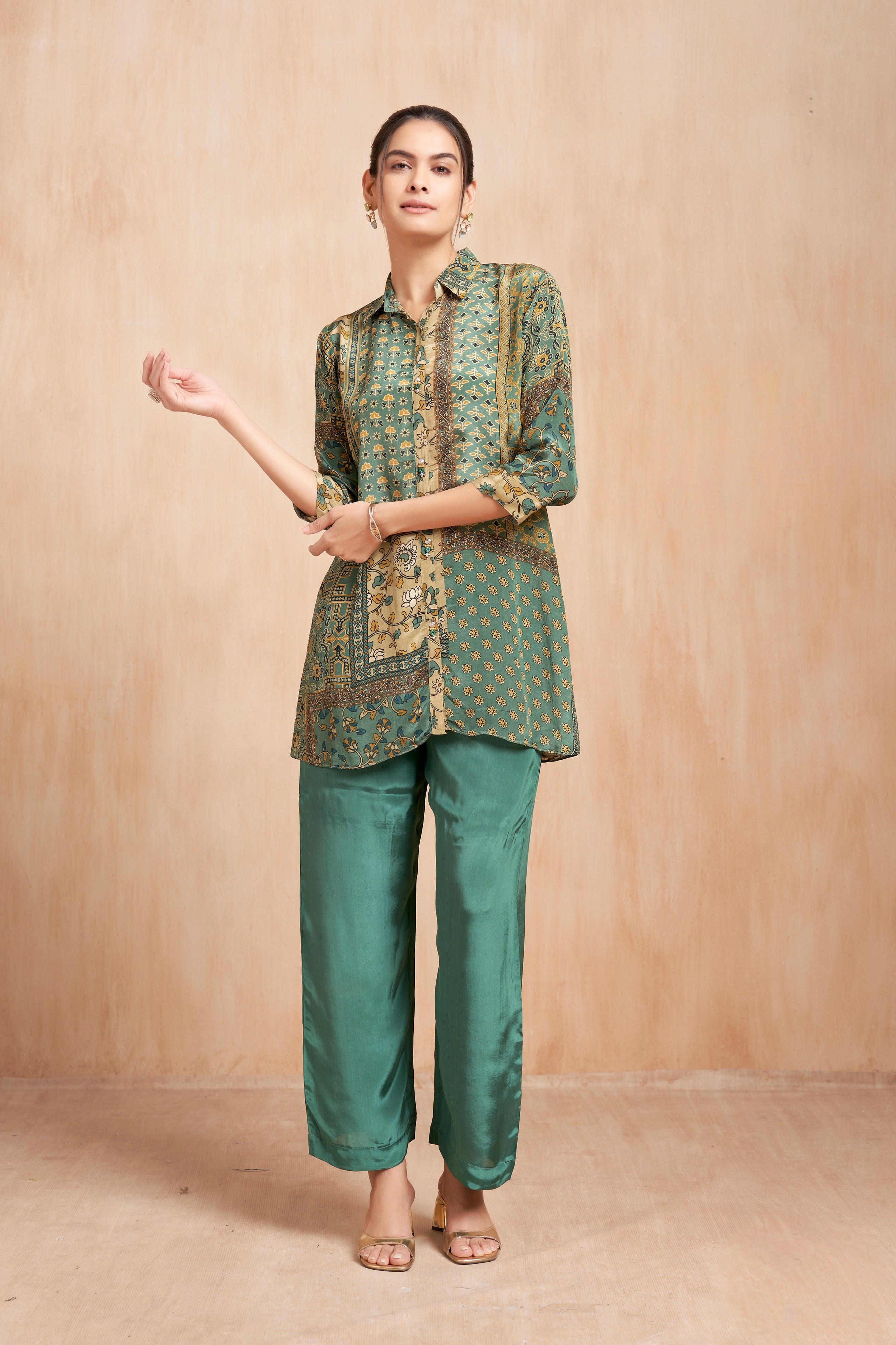 Emerald Printed Crepe Co-Ord Set with Heritage Patchwork Motifs