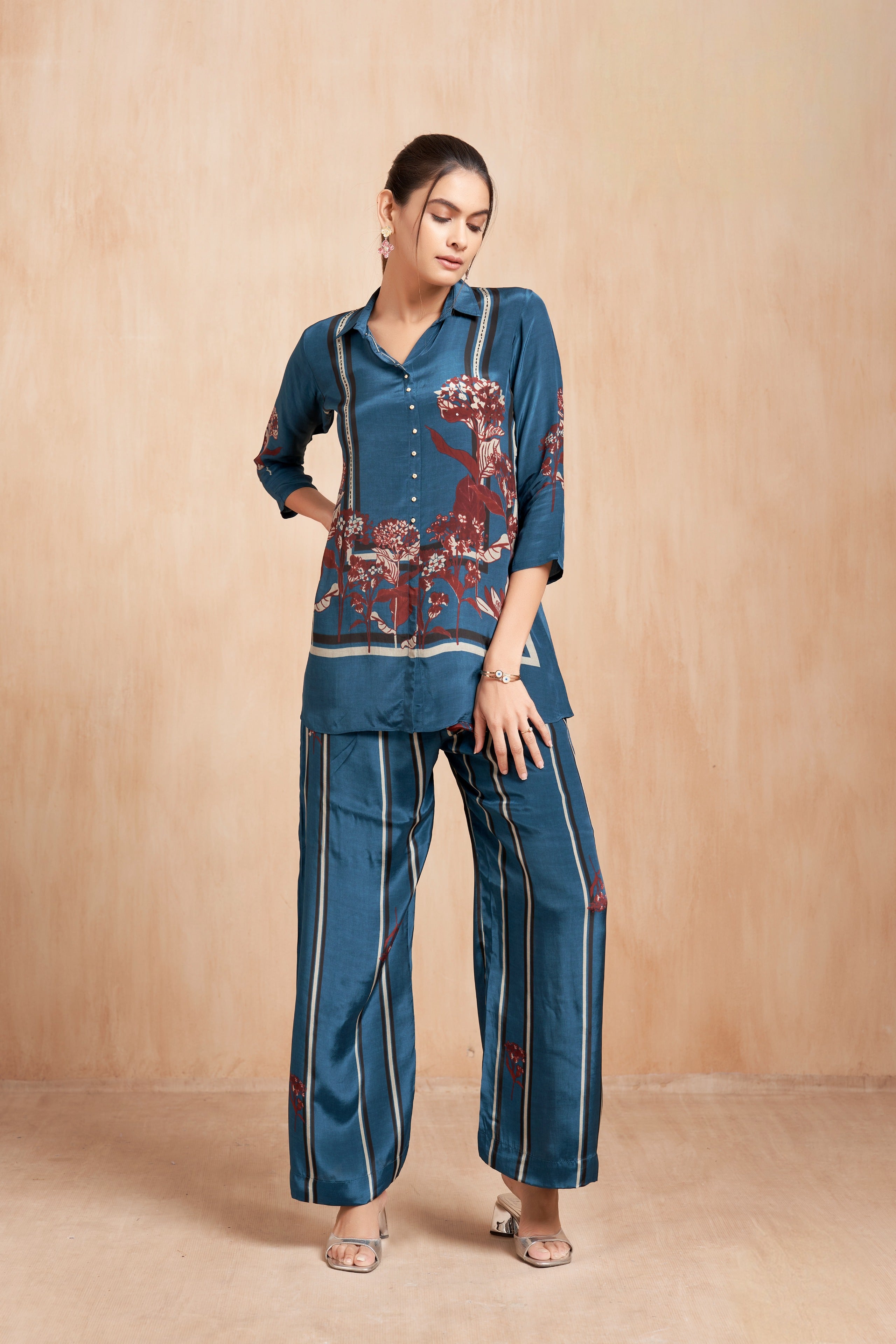 Teal Printed Crepe Co-Ord Set with Artistic Floral Panels