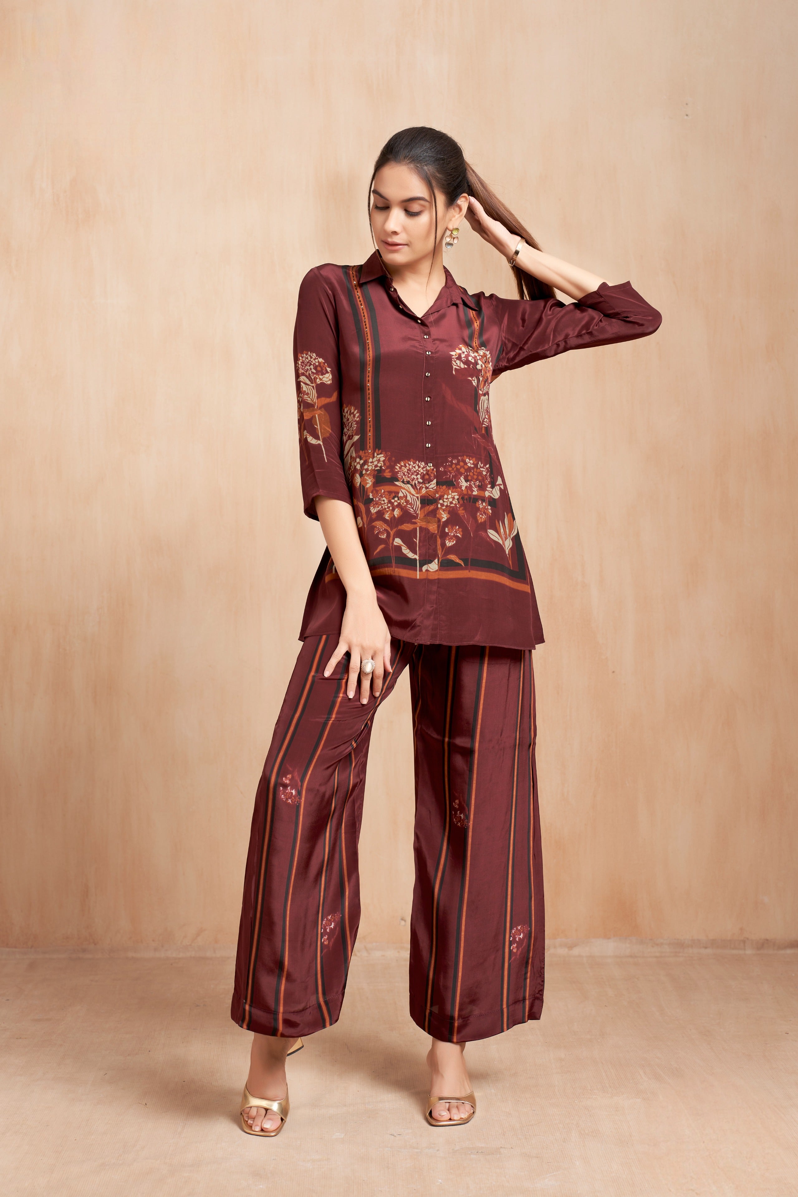 Wine Floral Printed Silk Co-Ord Set with Vertical Stripe Accents