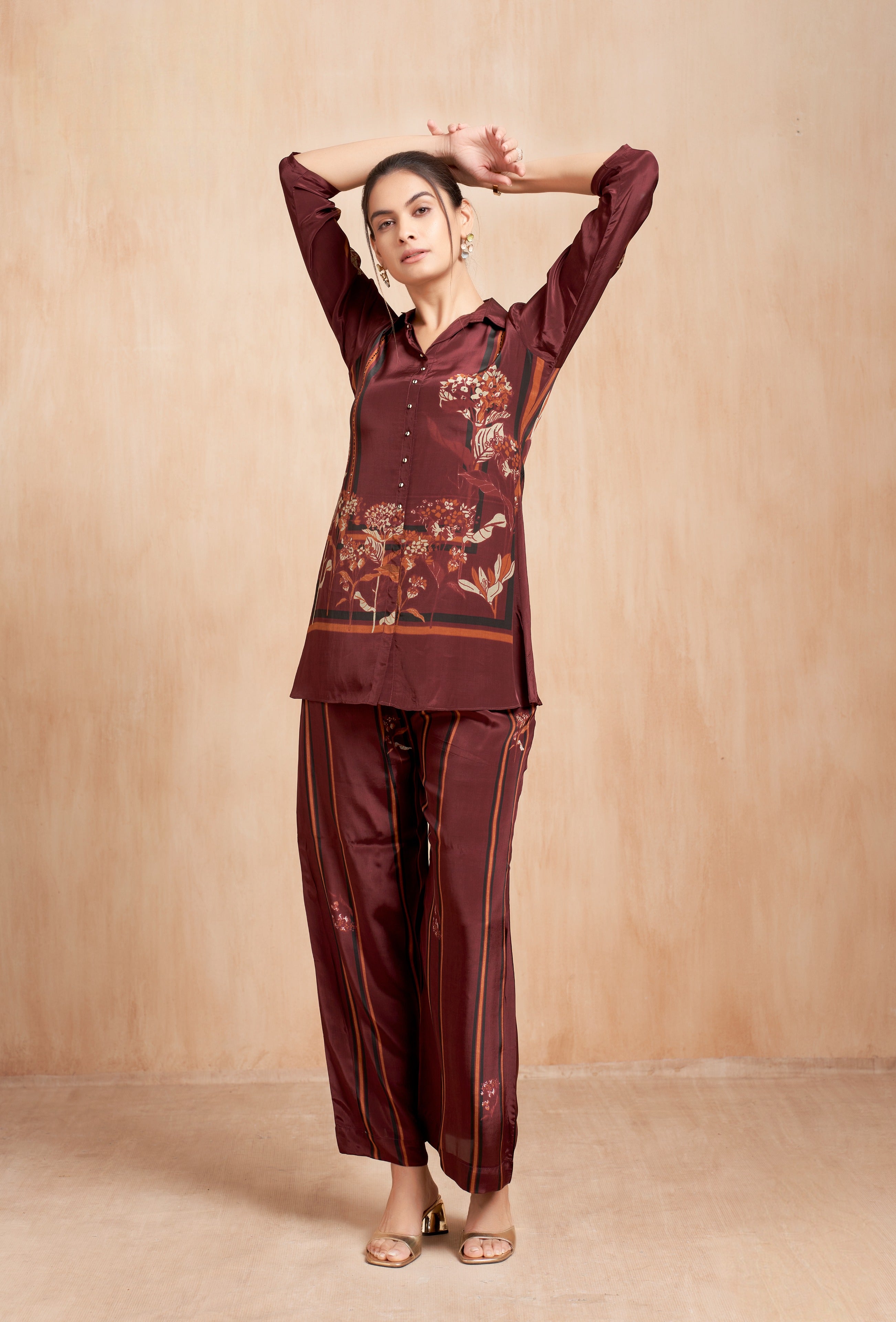 Wine Floral Printed Silk Co-Ord Set with Vertical Stripe Accents