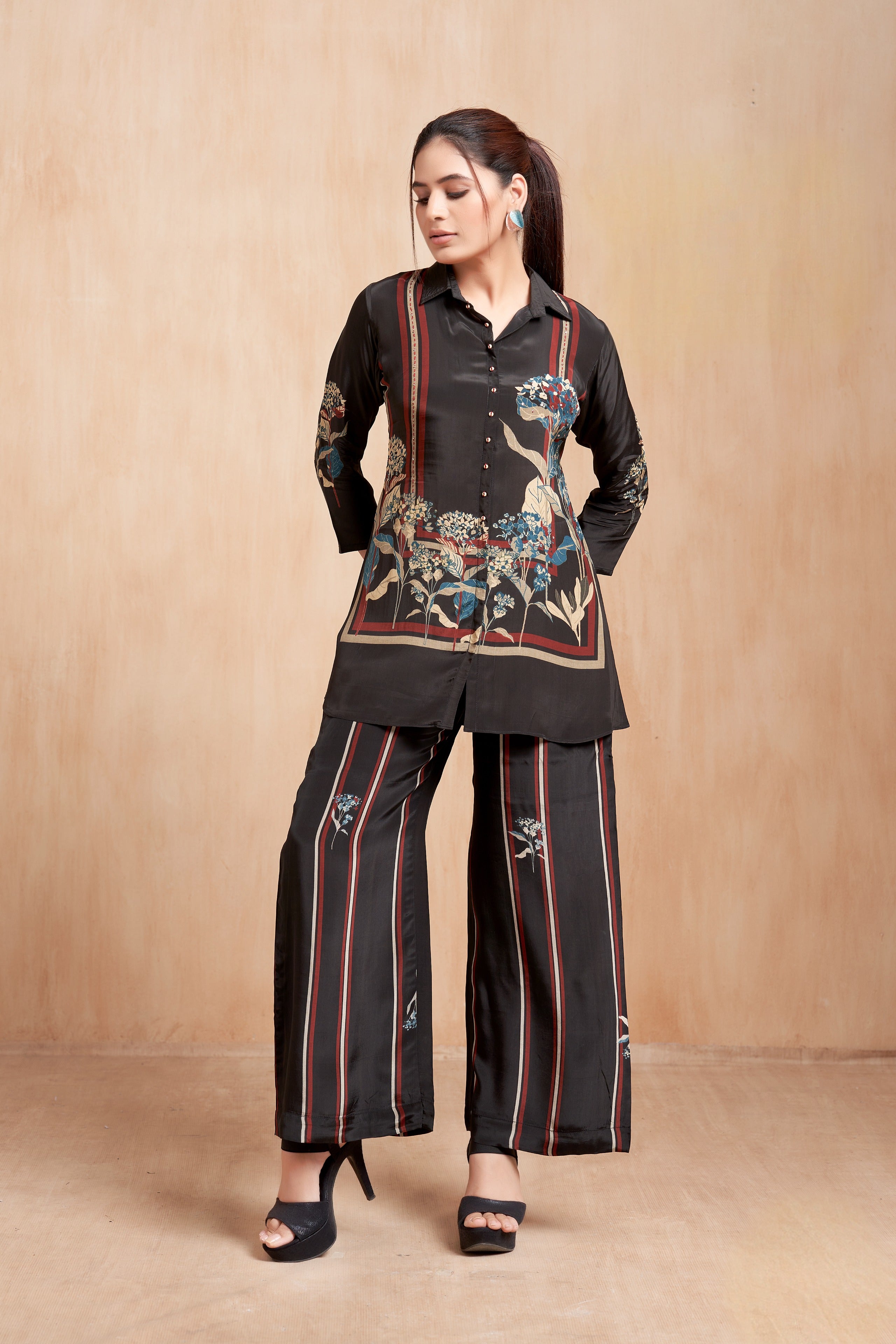 Black Printed Crepe Co-Ord Set with Floral Botanical Accents