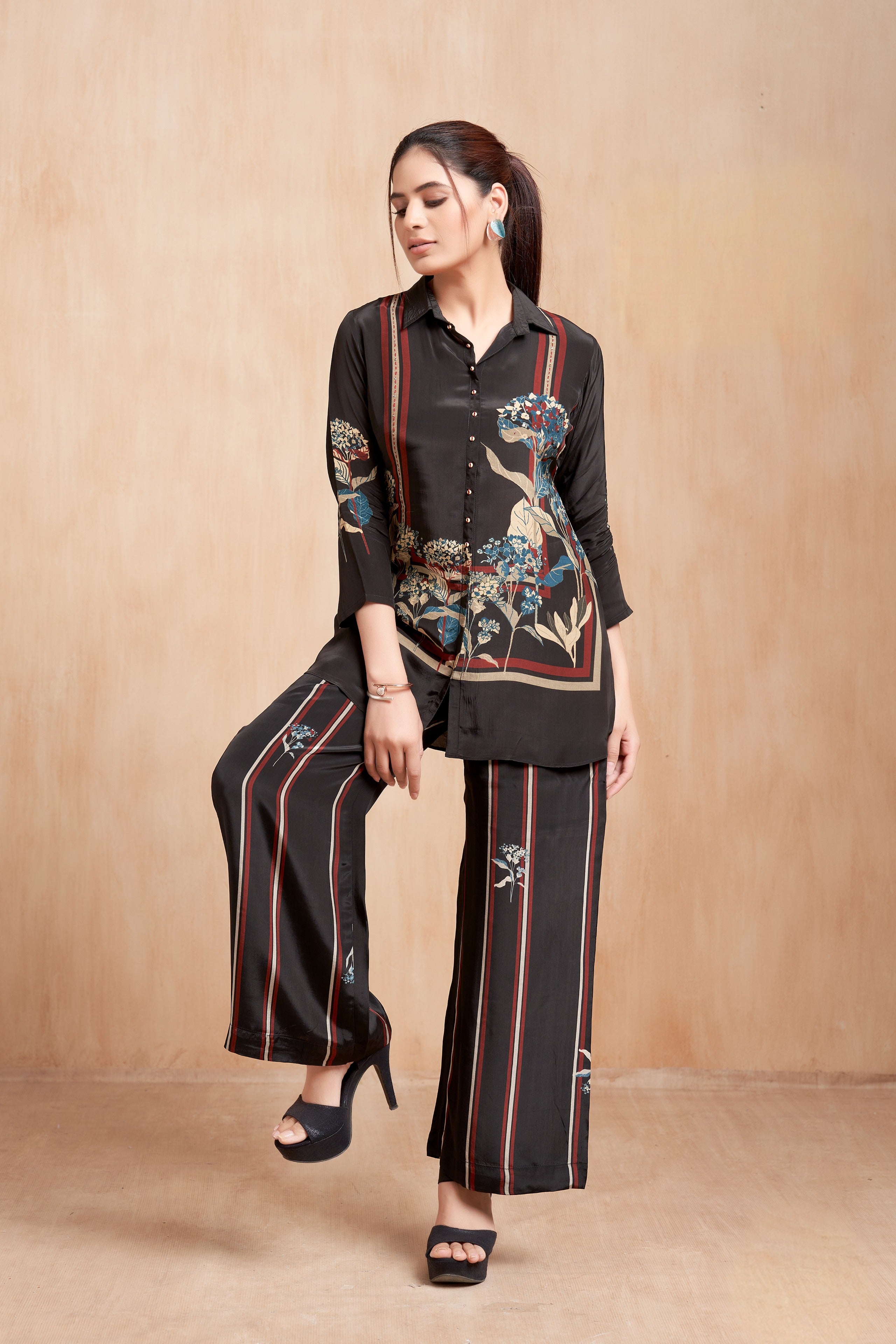 Black Printed Crepe Co-Ord Set with Floral Botanical Accents