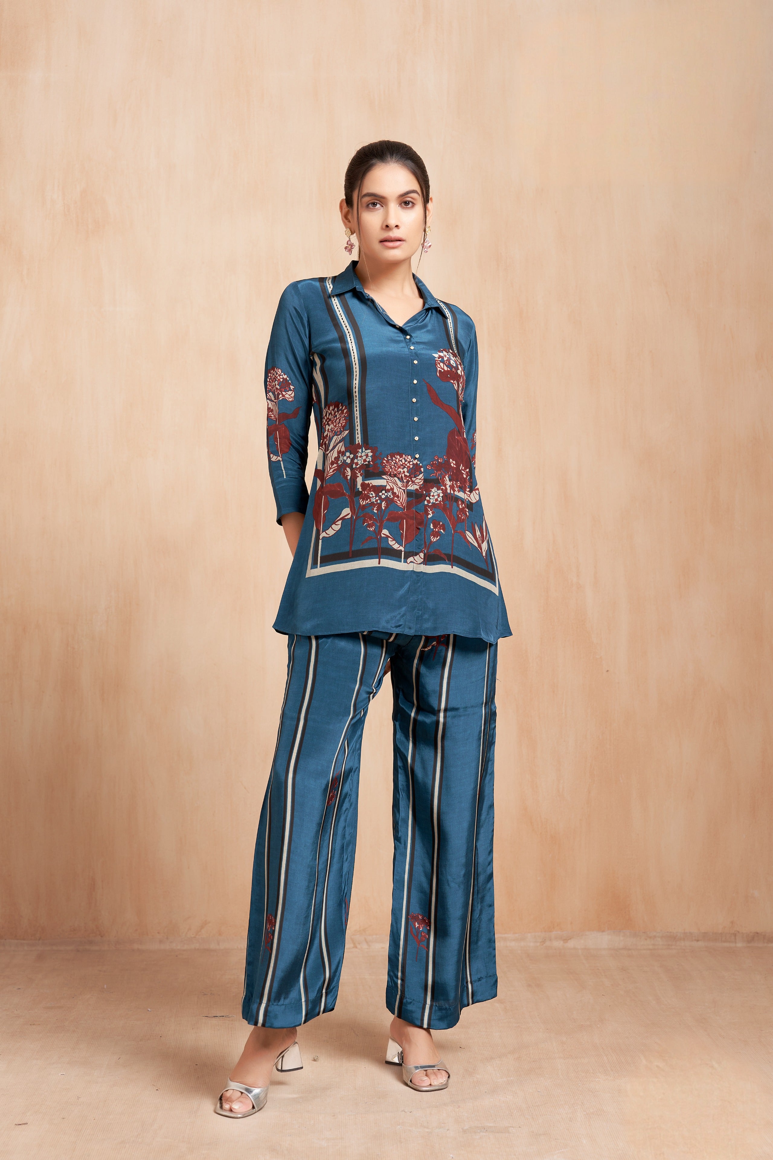 Teal Printed Crepe Co-Ord Set with Artistic Floral Panels