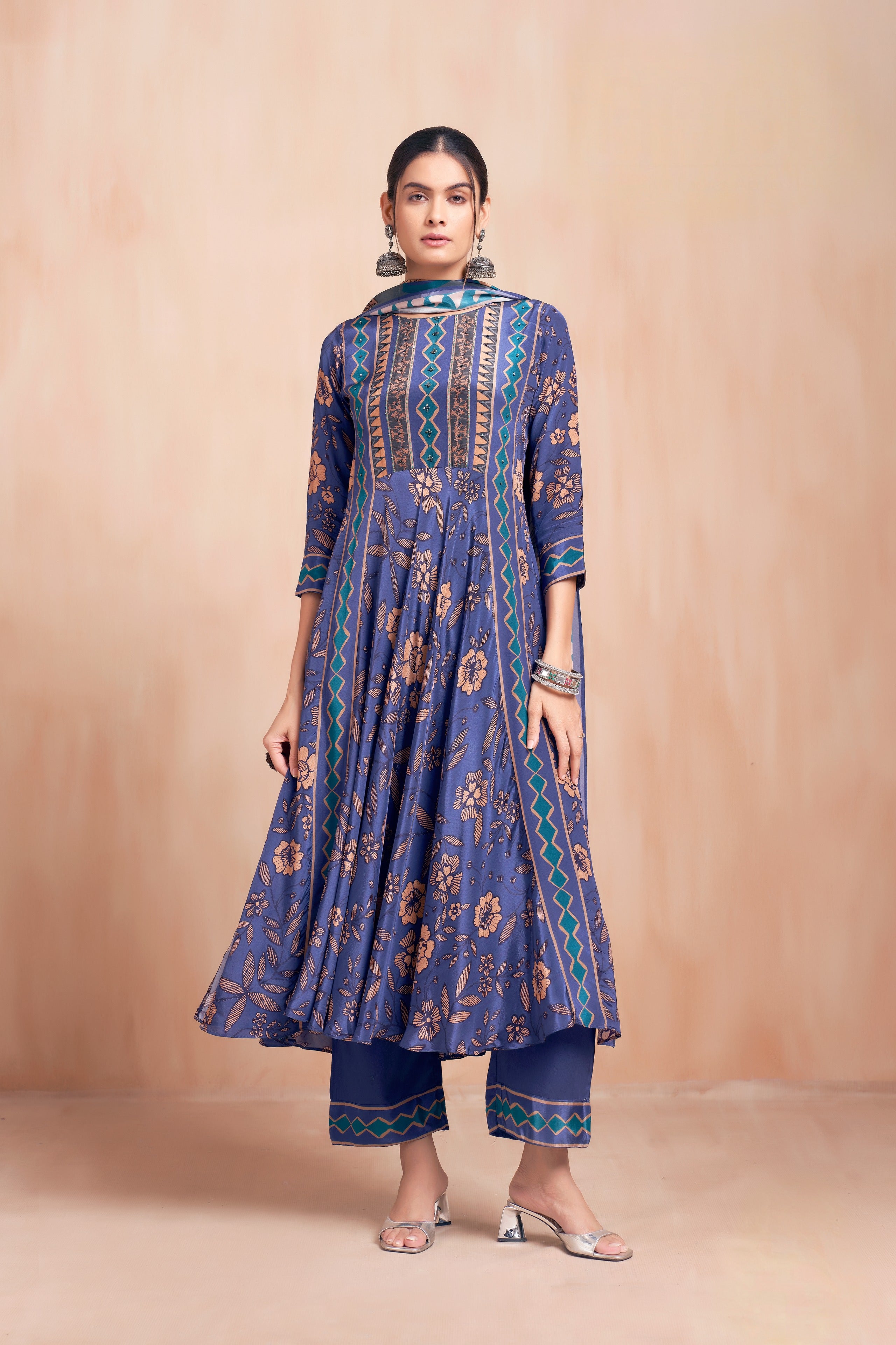 Sapphire Blue Floral Printed Crepe A-Line Salwar Suit Set