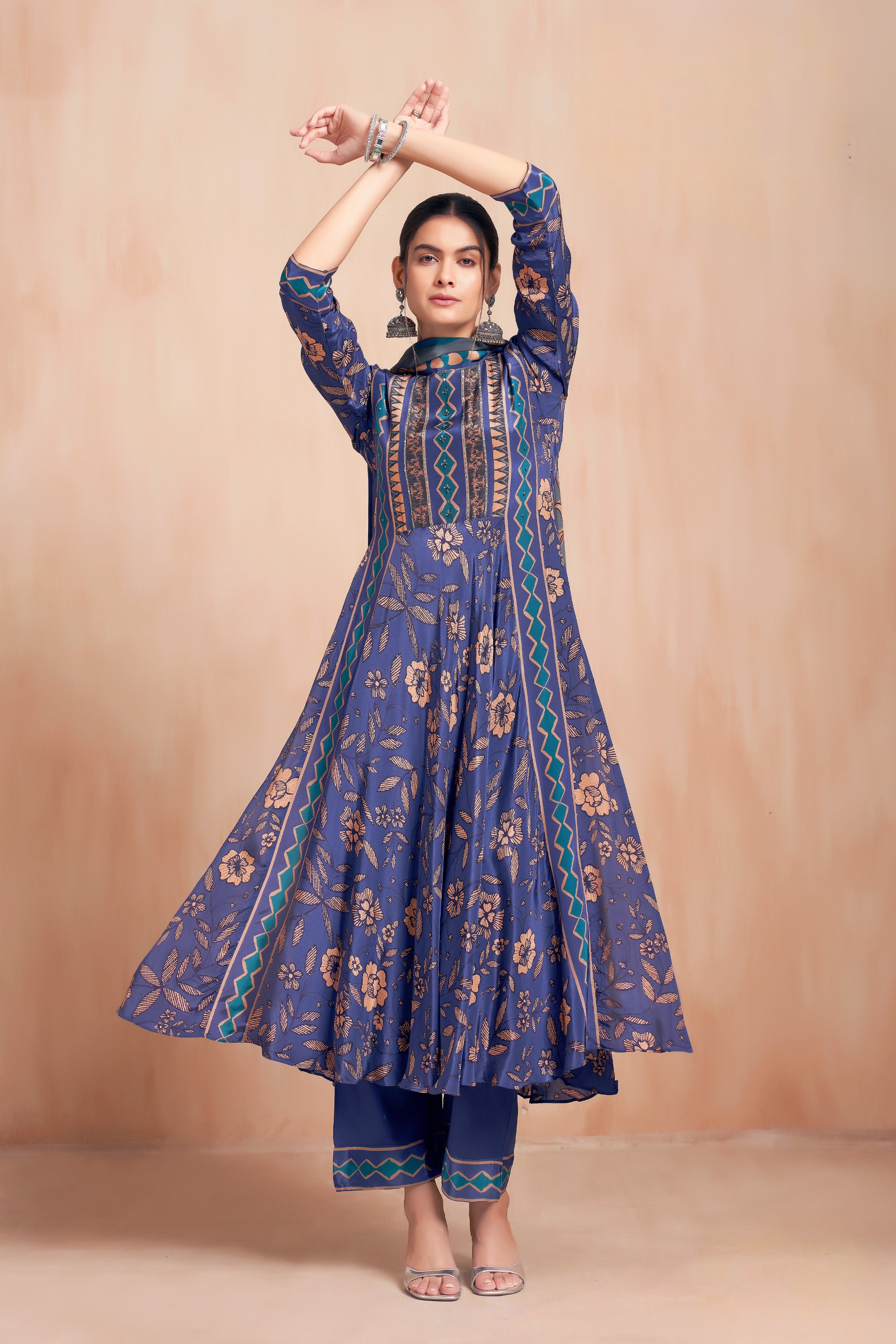 Sapphire Blue Floral Printed Crepe A-Line Salwar Suit Set