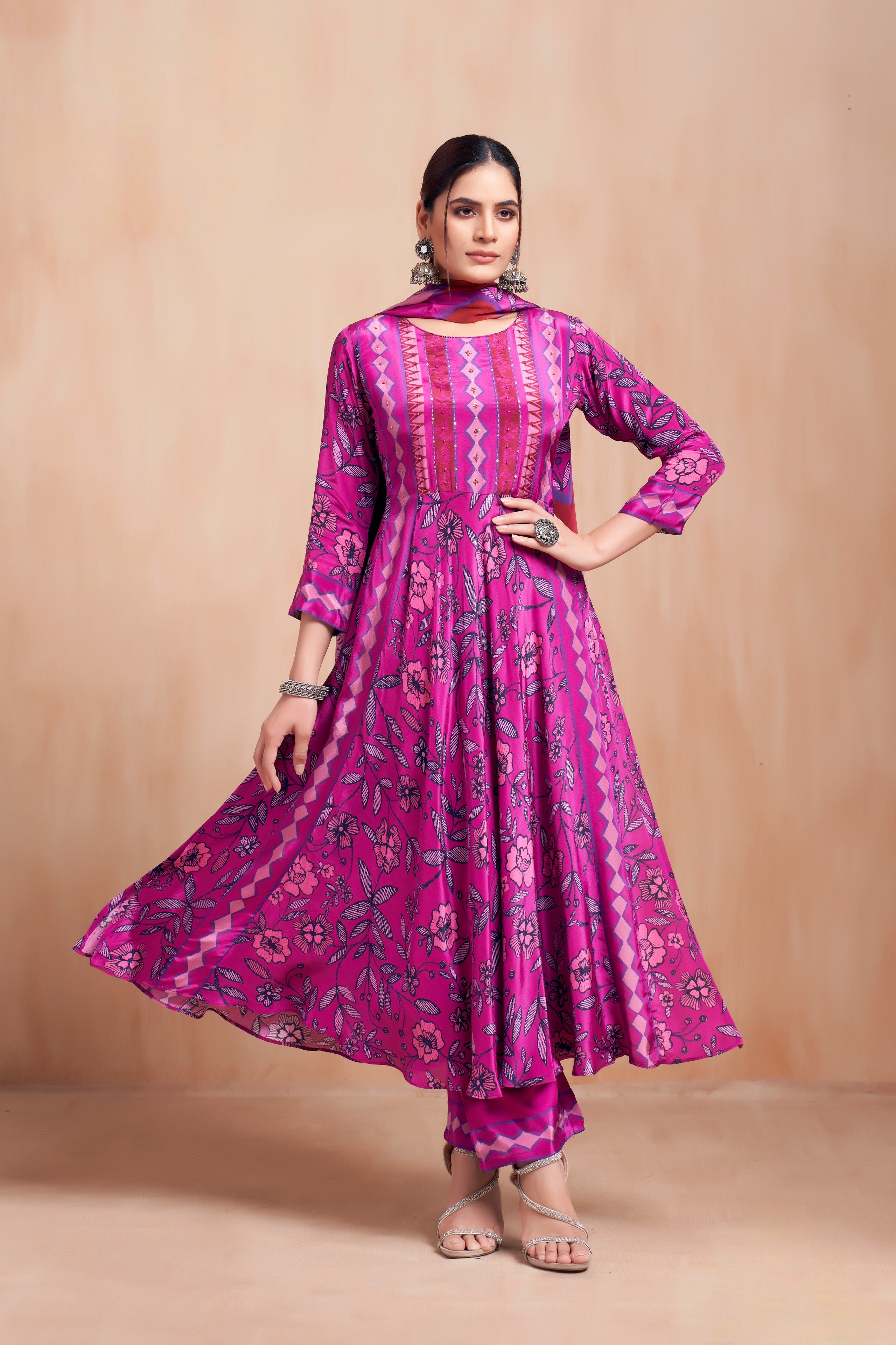Rani Pink Floral Printed Georgette A-Line Salwar Suit Set