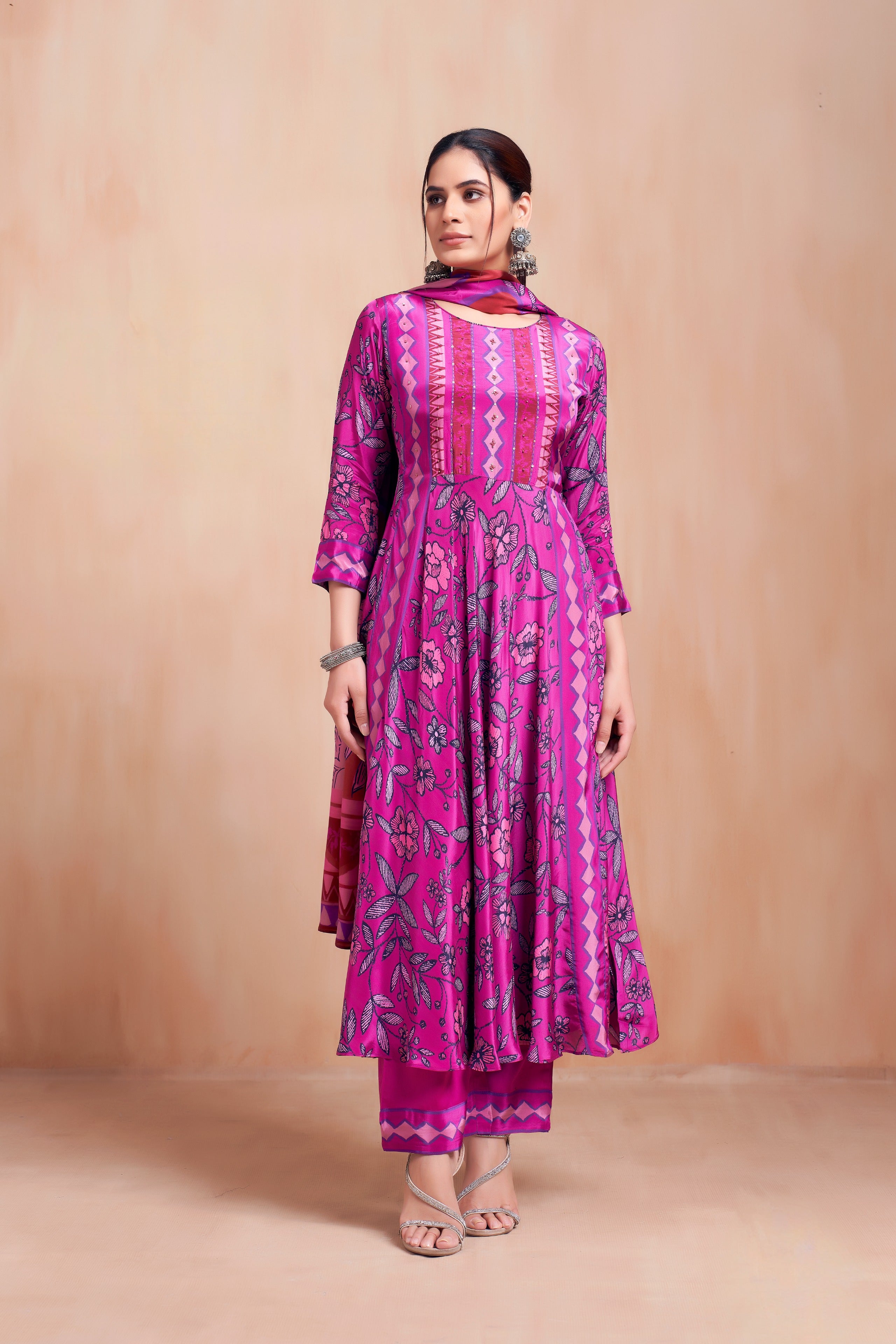 Rani Pink Floral Printed Georgette A-Line Salwar Suit Set