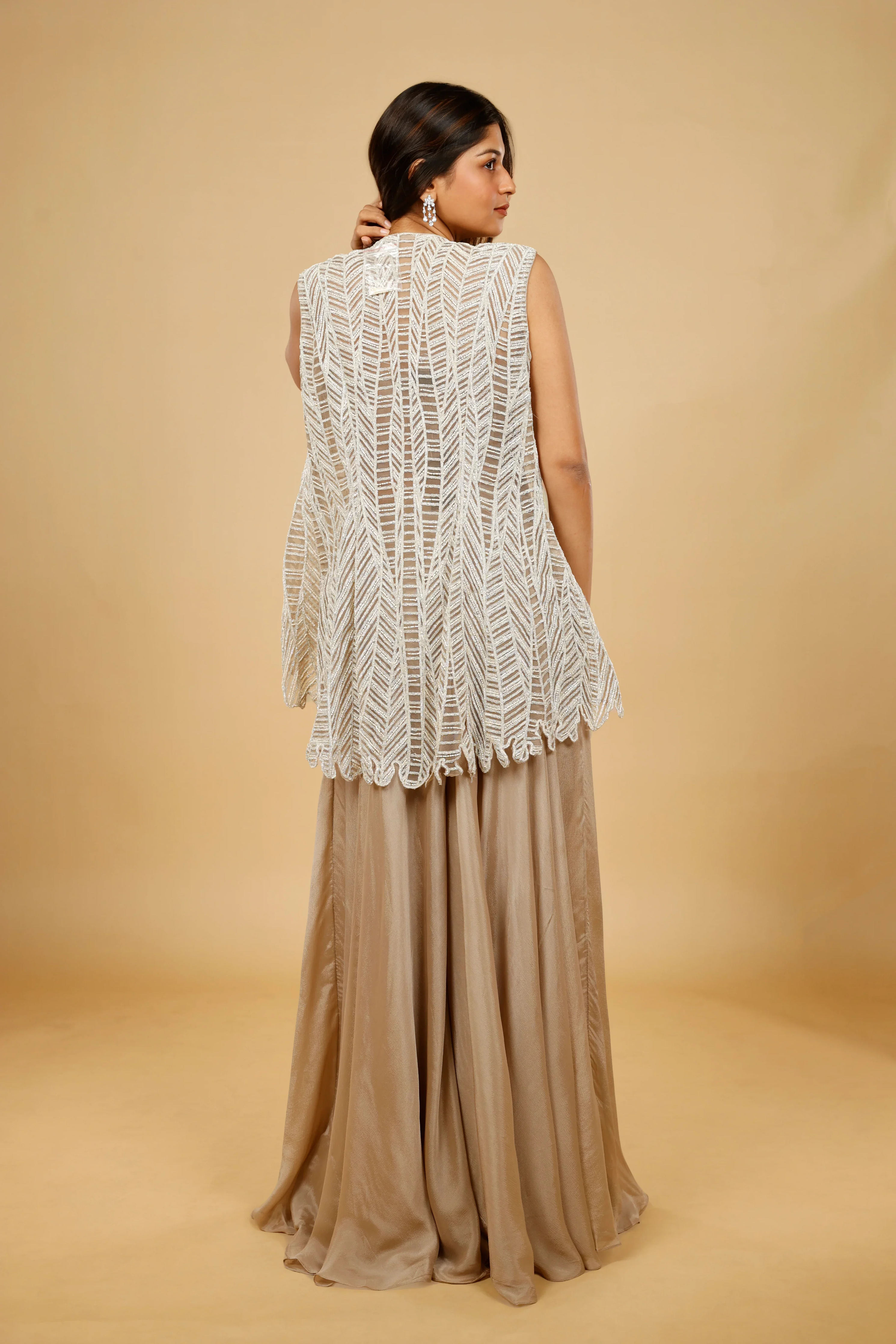 Dark Champagne Crepe Corset Palazzo Set with Embroidered Net Jacket - Mokshaa