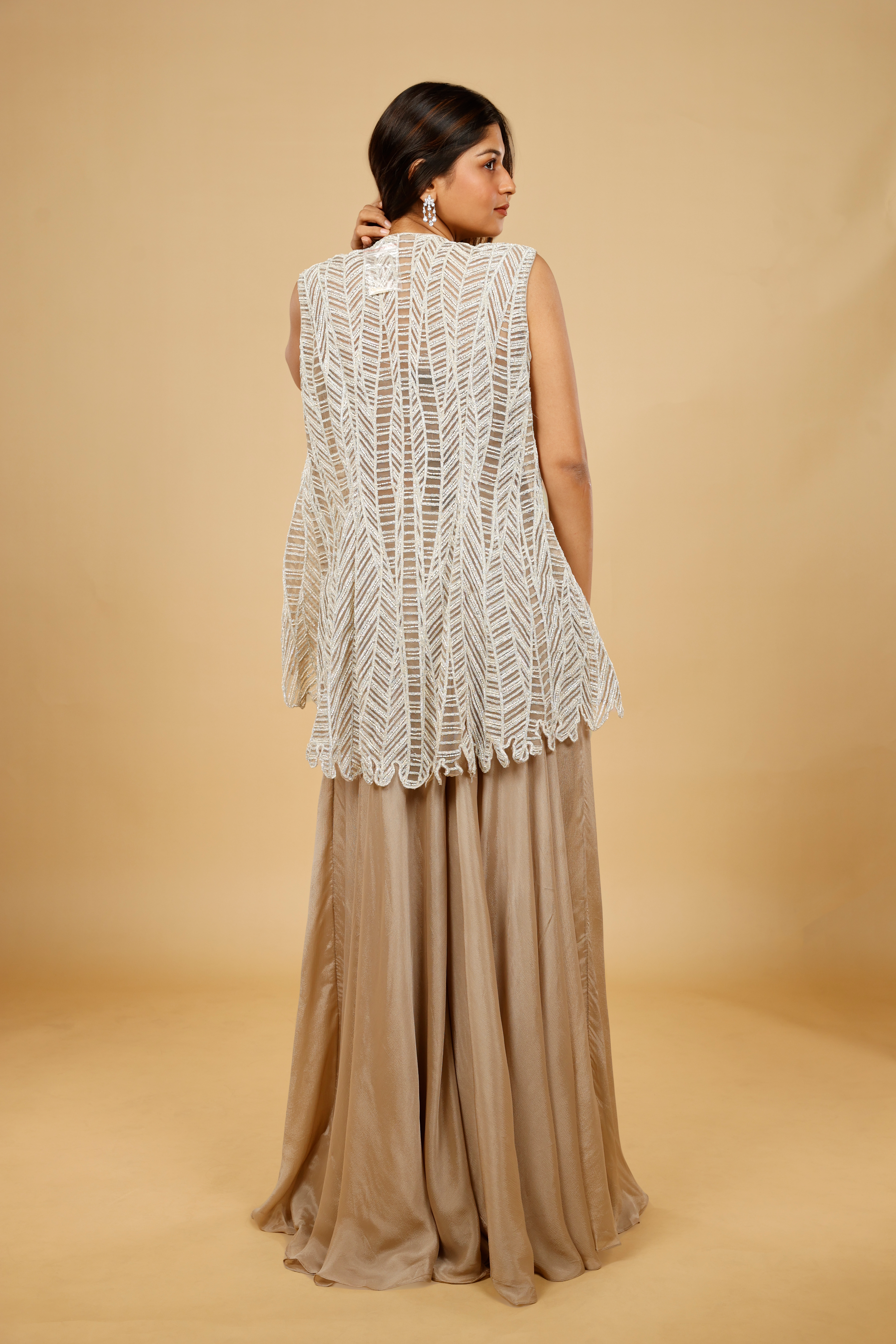 Dark Champagne Crepe Corset Palazzo Set with Embroidered Net Jacket