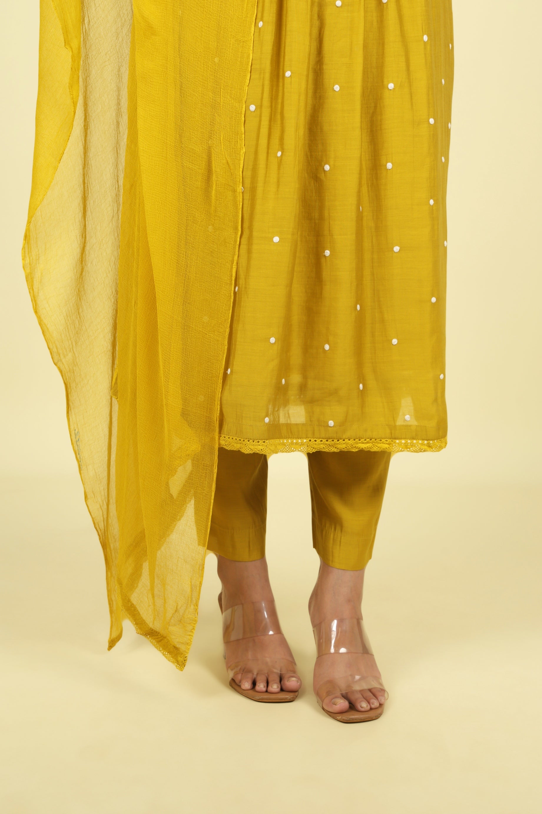 Yellow Mul Chanderi Straight Cut Salwar Set