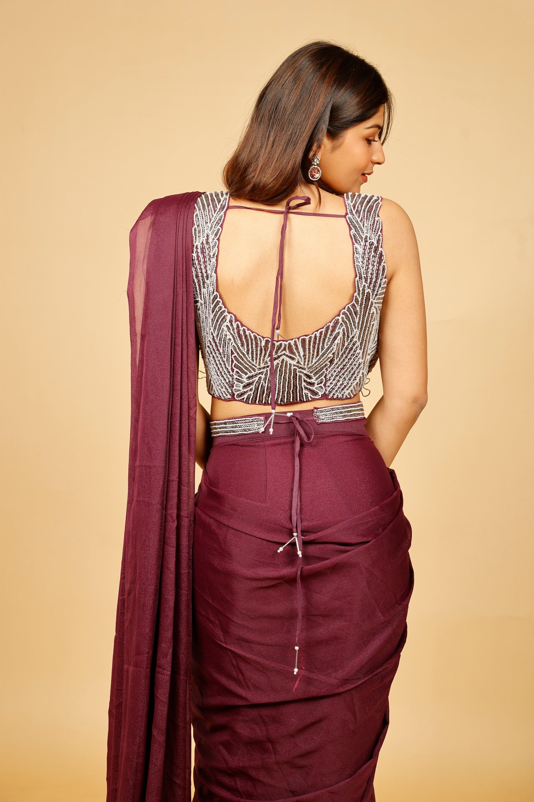 Violet Shimmer Drape Saree with Pearl & Cutdana Embroidery