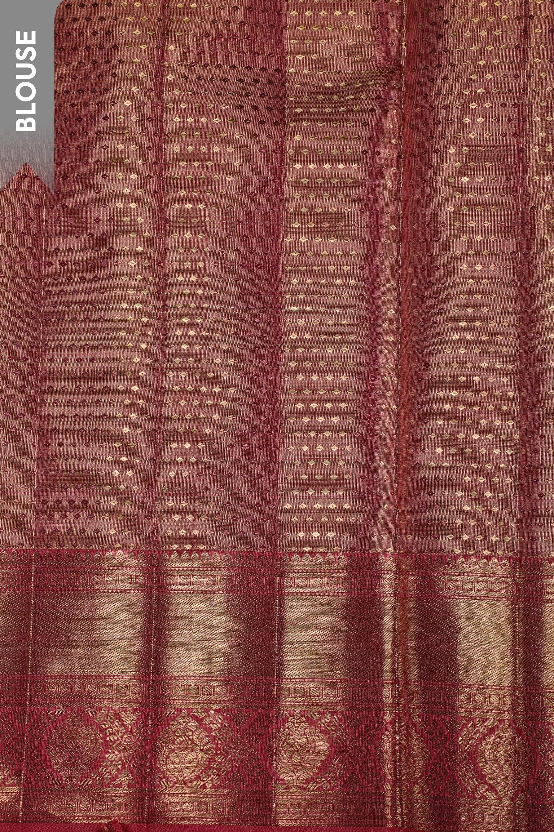 Antique Rose Gold Tissue Silk Saree with Floral Jaal and Peach Border  Mokshaa