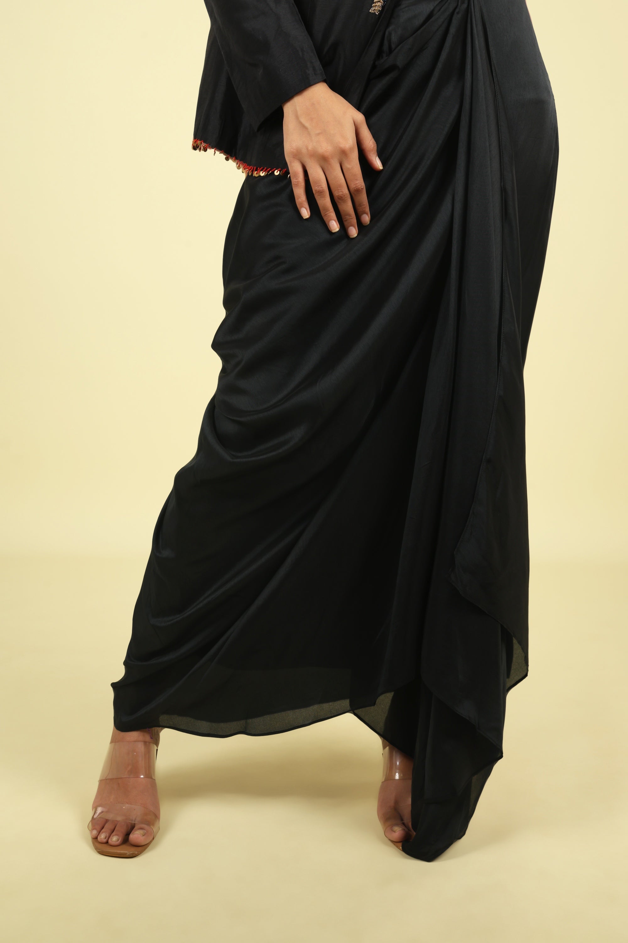 Black Silk Blazer & Draped Skirt Set with Pearl & Sequin Embroidery
