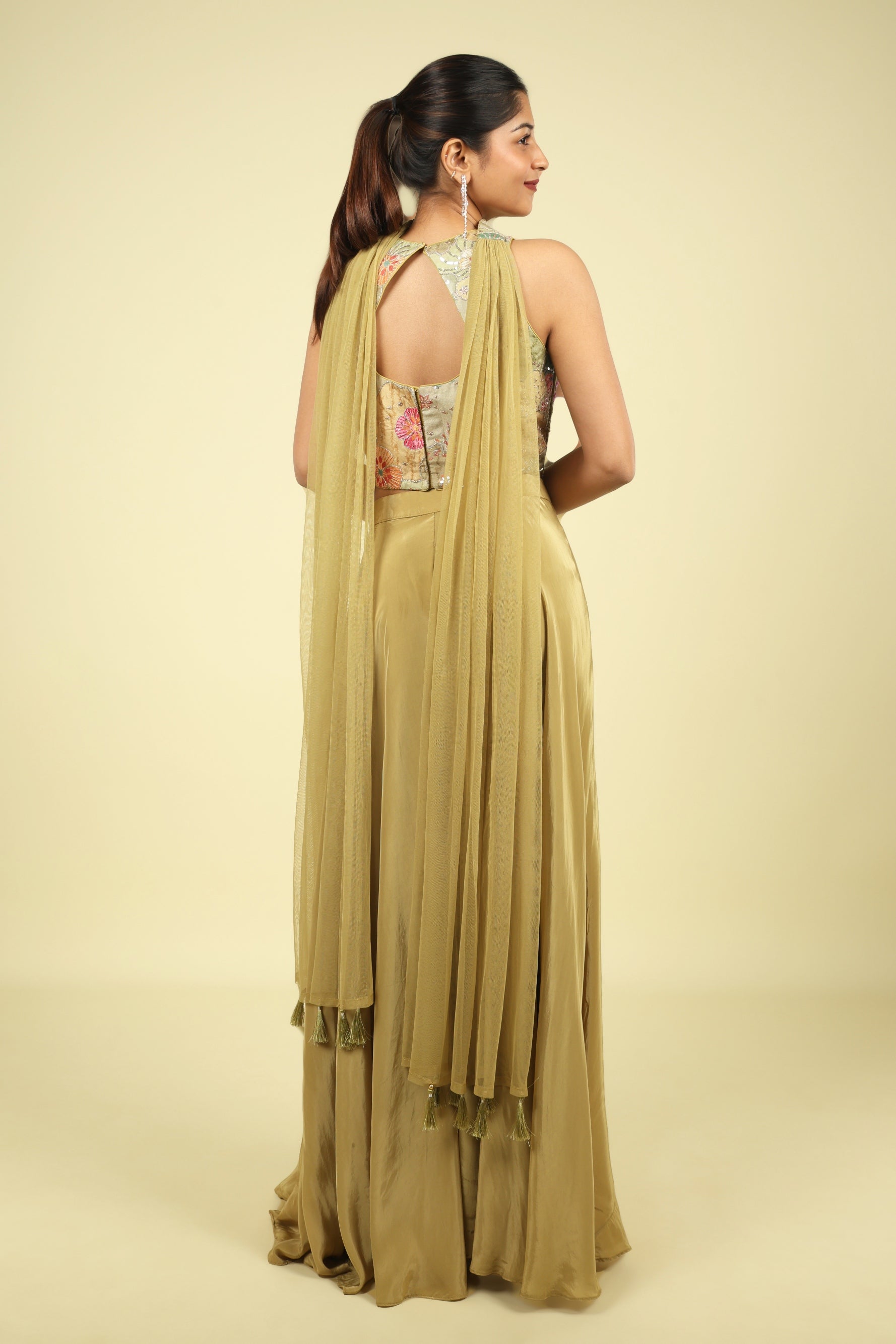 Olive Green Embroidered Satin Silk Corset Palazzo Set