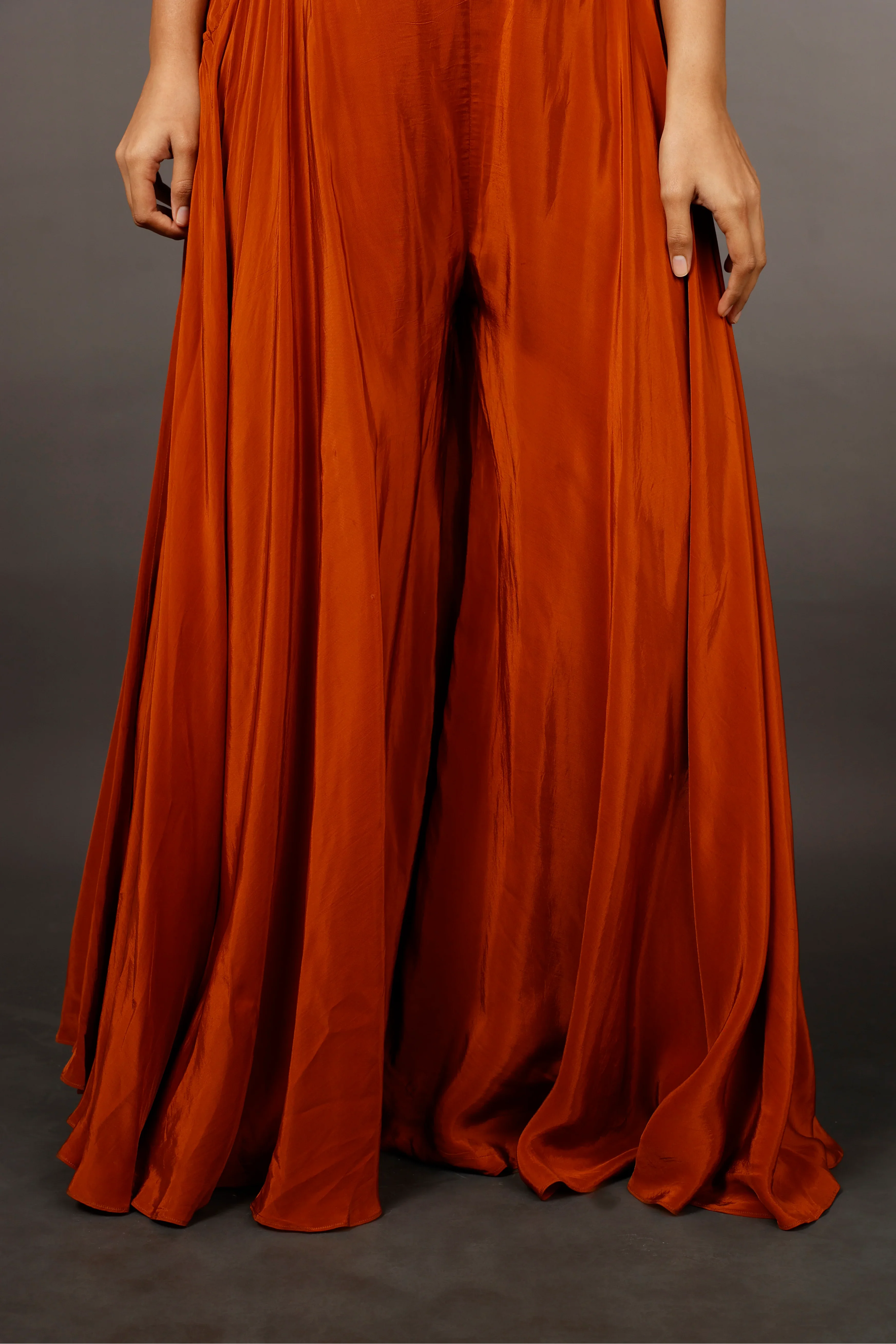 Rust Orange Crepe Silk Crop Top with Palazzo, Tissue Halter Blouse - Mokshaa