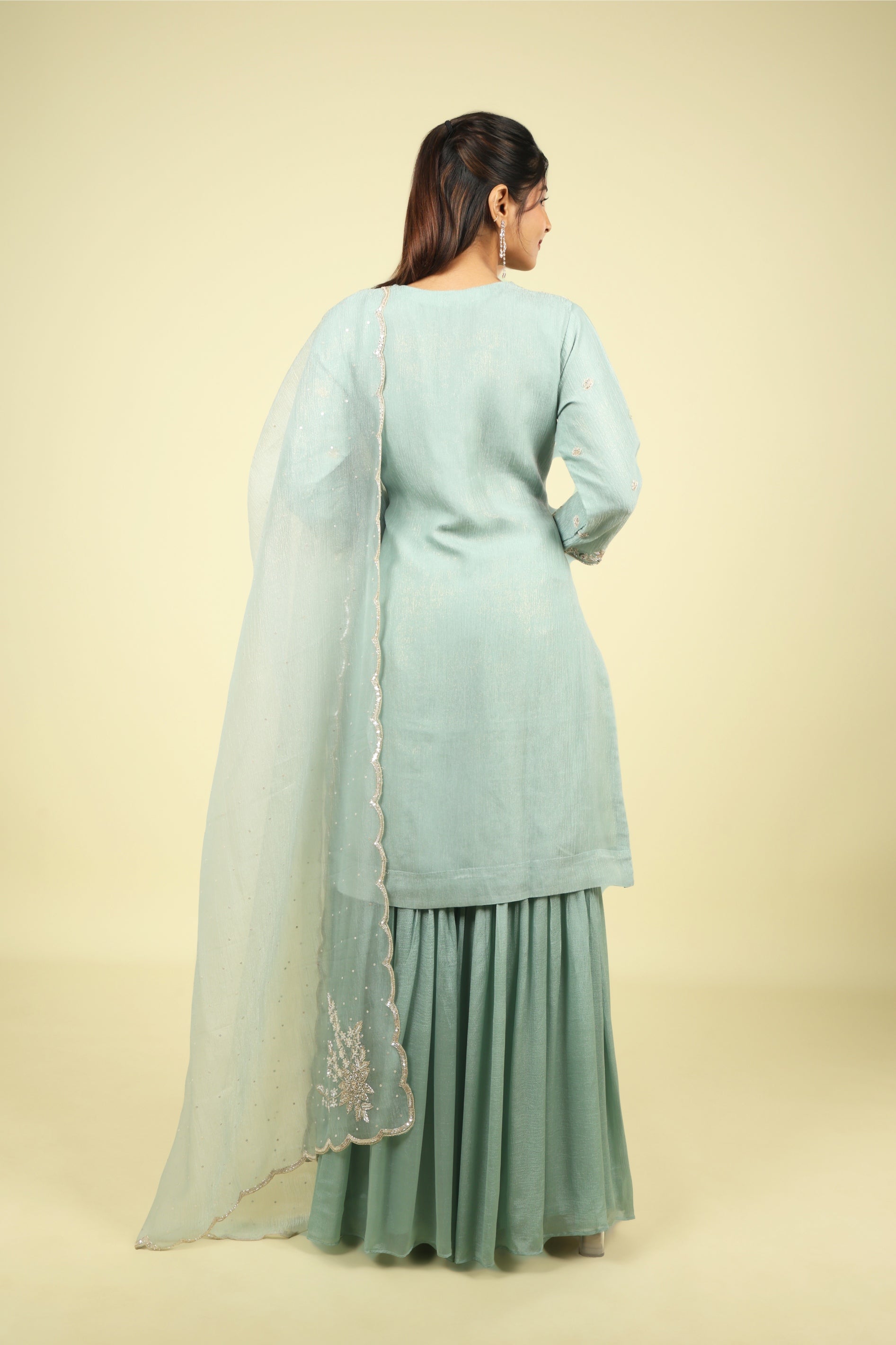 Light Blue Crush Tissue Sharara Set with Cutdana & Pearl Embroidery - Mokshaa