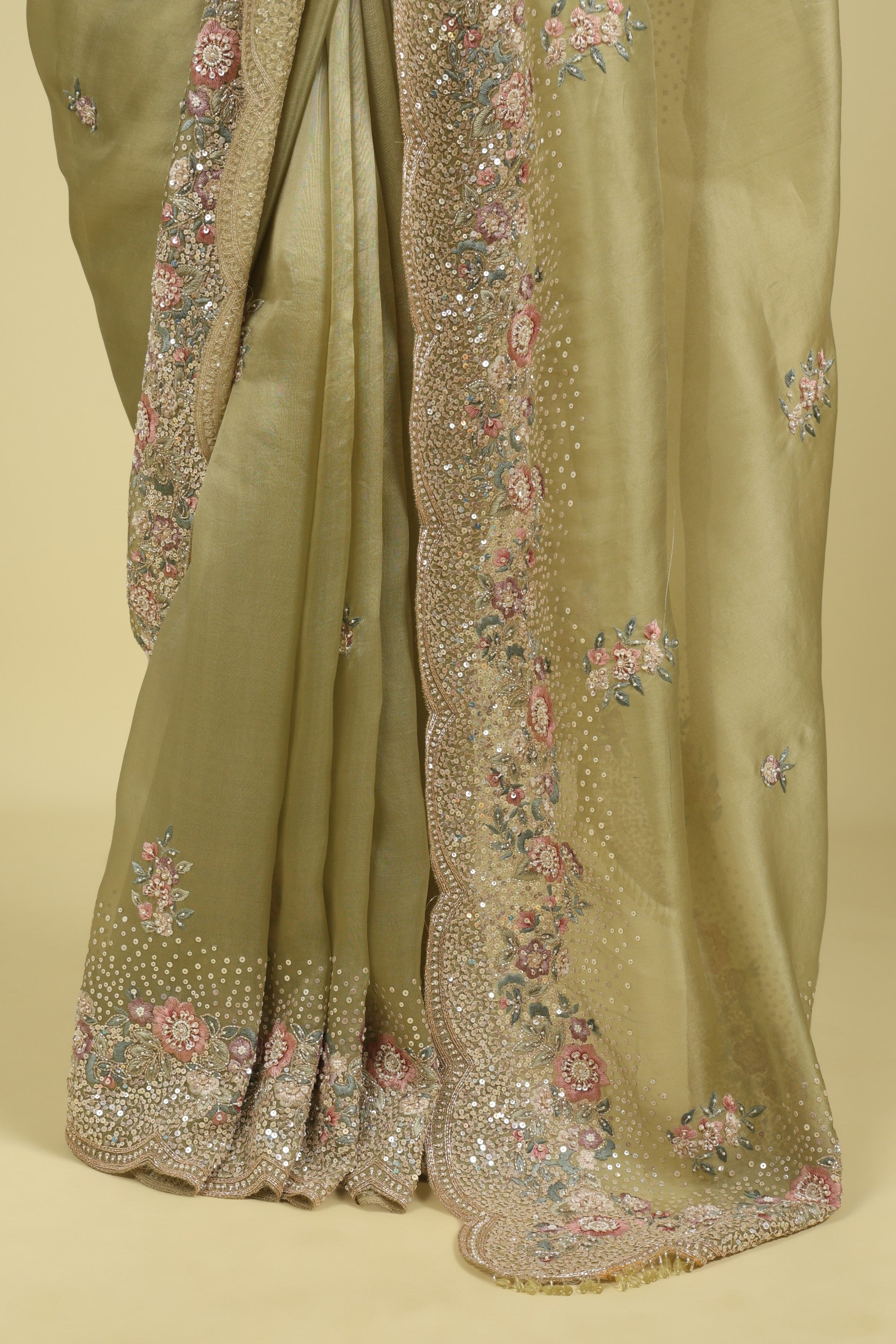 Light Green Organza Saree with Sequin & Thread Embroidery Motifs