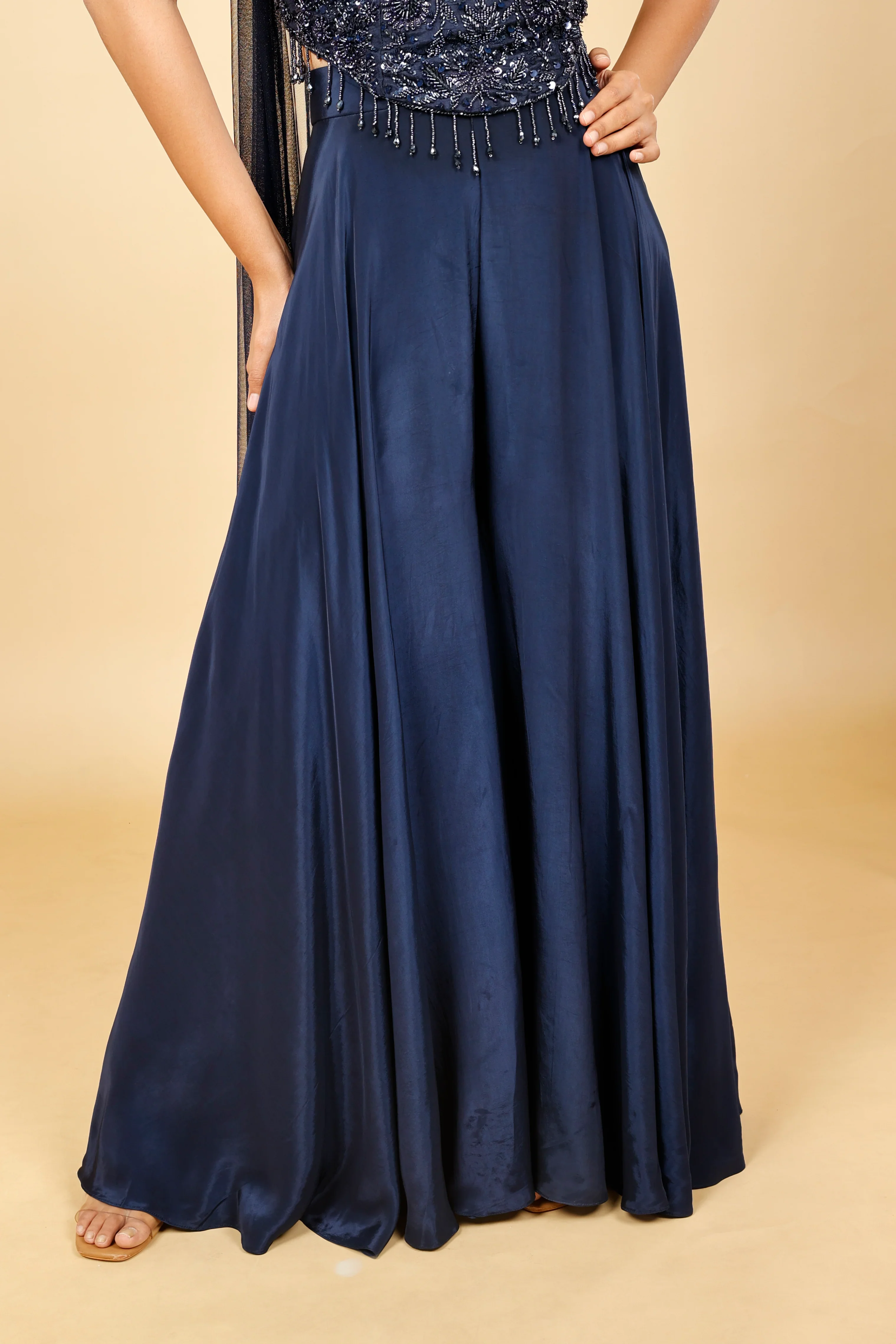 Navy Blue Satin Corset Palazzo Set with Pearl, Cutdana & Metallic Embroidery - Mokshaa