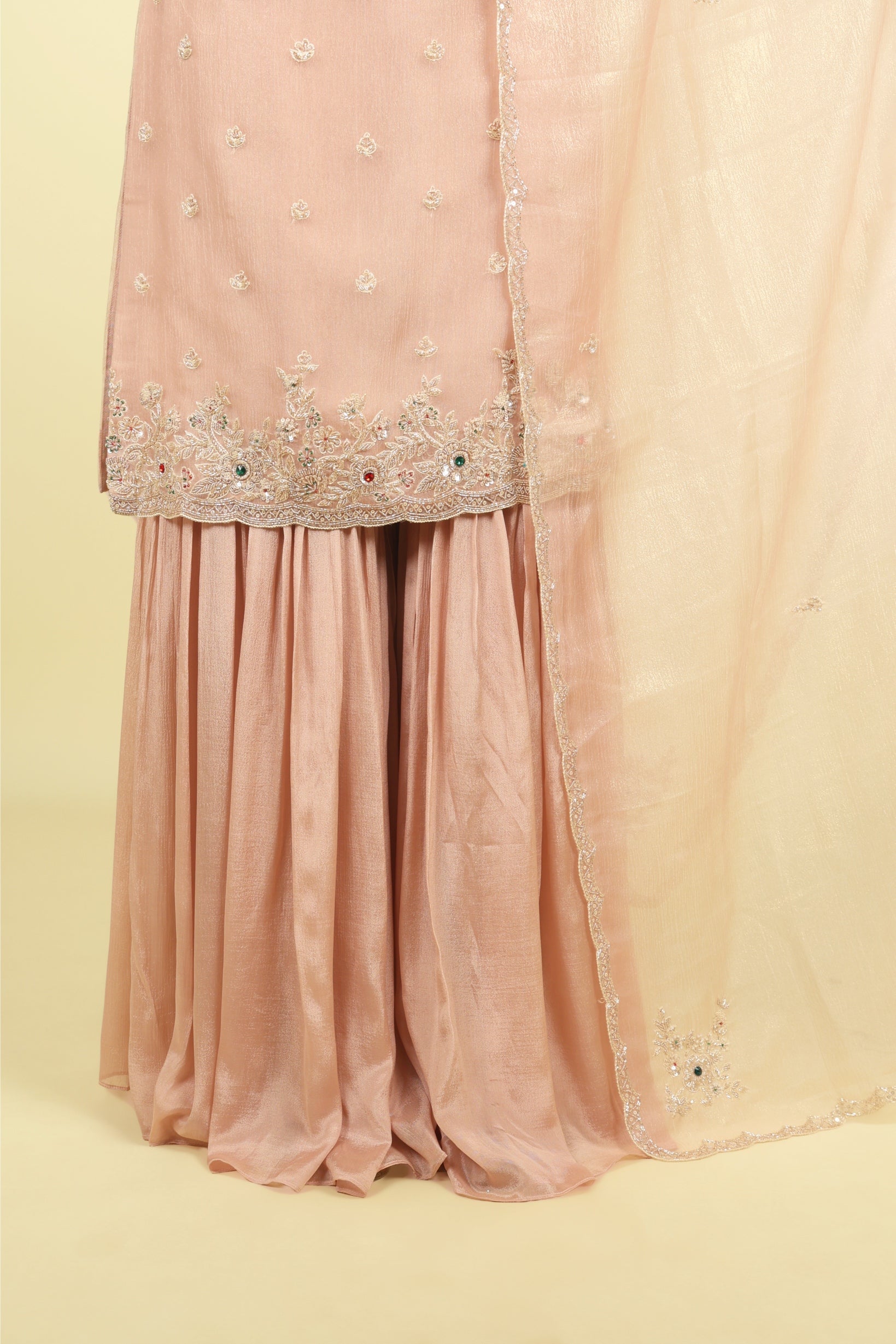 Blush Pink Crush Tissue Sharara Set with Pearl & Kutdana Embroidery