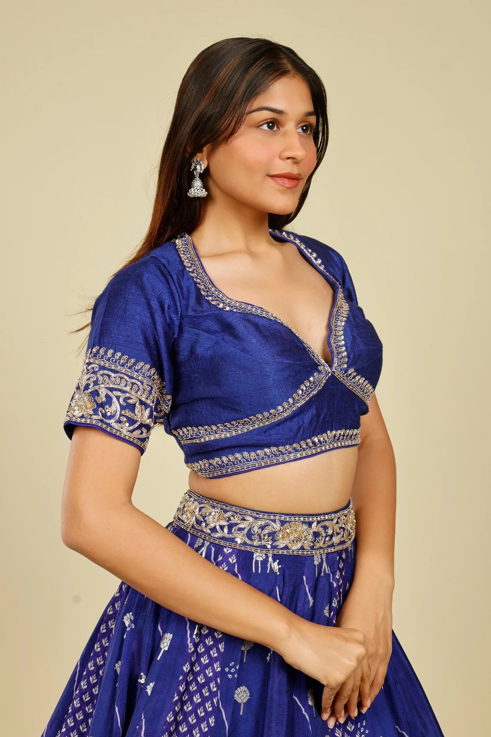 Royal Blue Printed Crepe Silk Lehenga Set with Zardozi & Gota Embroidery | Mokshaa