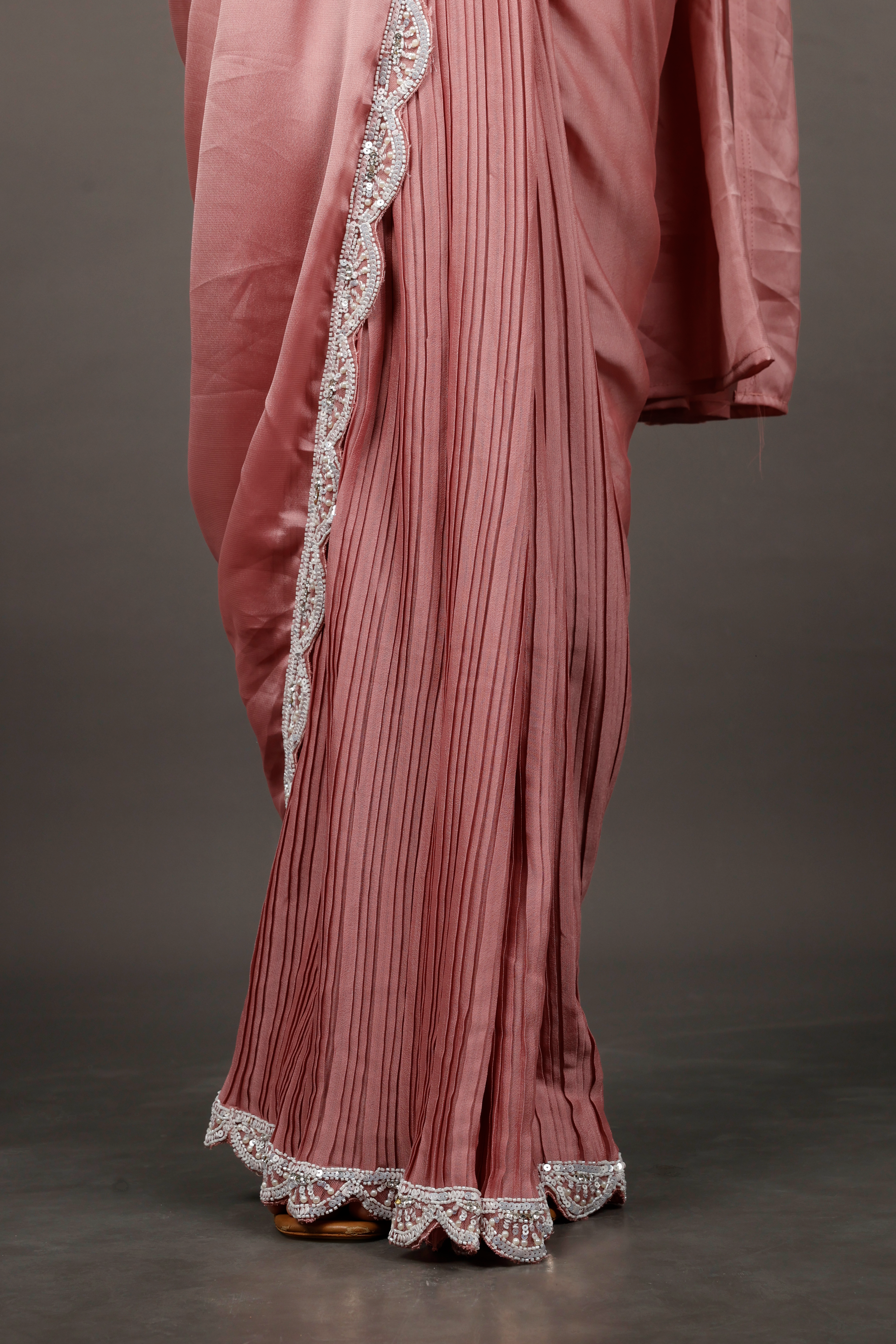 Coral Chinon Silk Drape Saree with Sequin, Pearl & Cutdana Embroidery