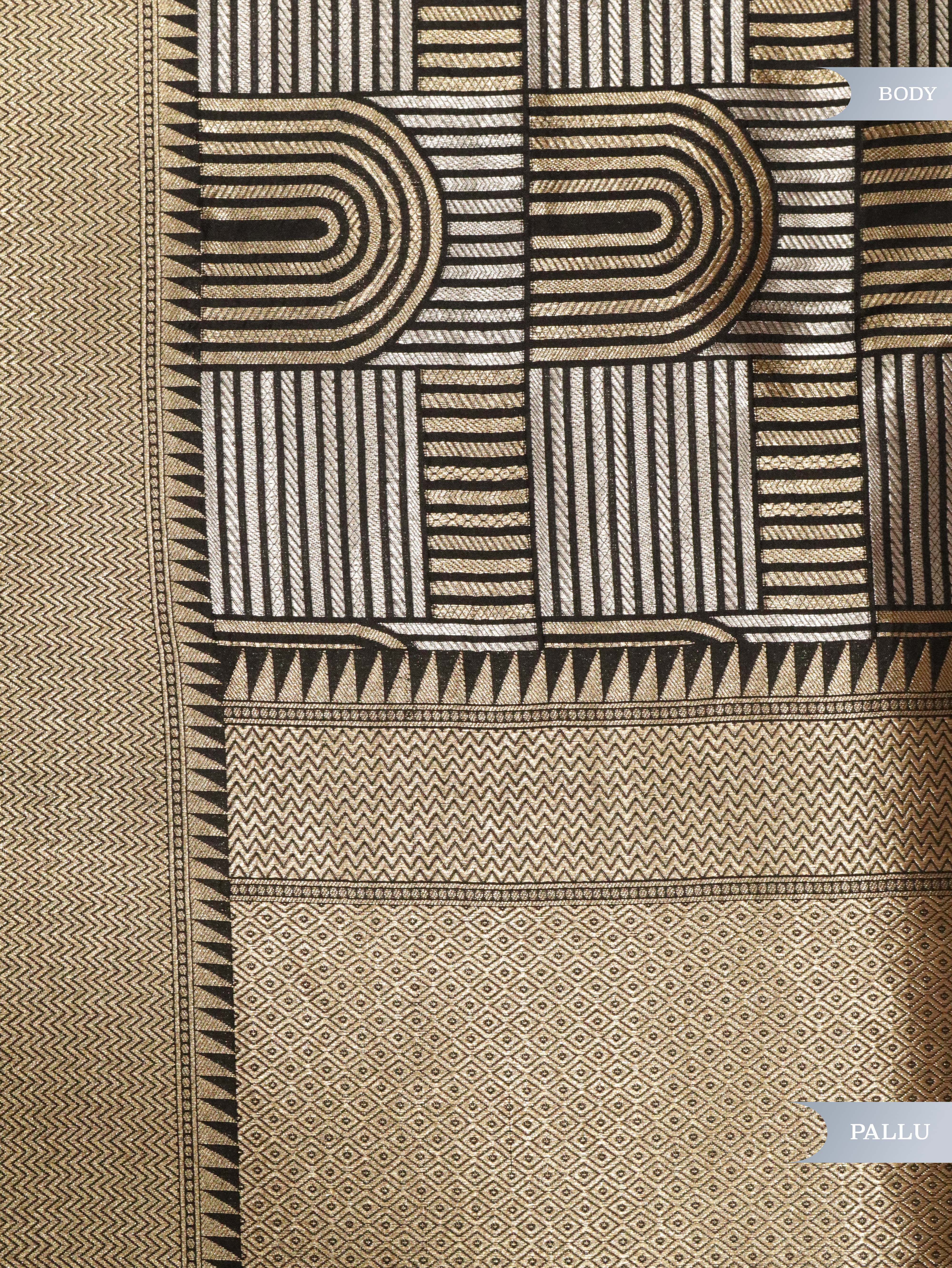 Black Banarasi Silk Saree with Gold & Silver Zari Box Weaving**