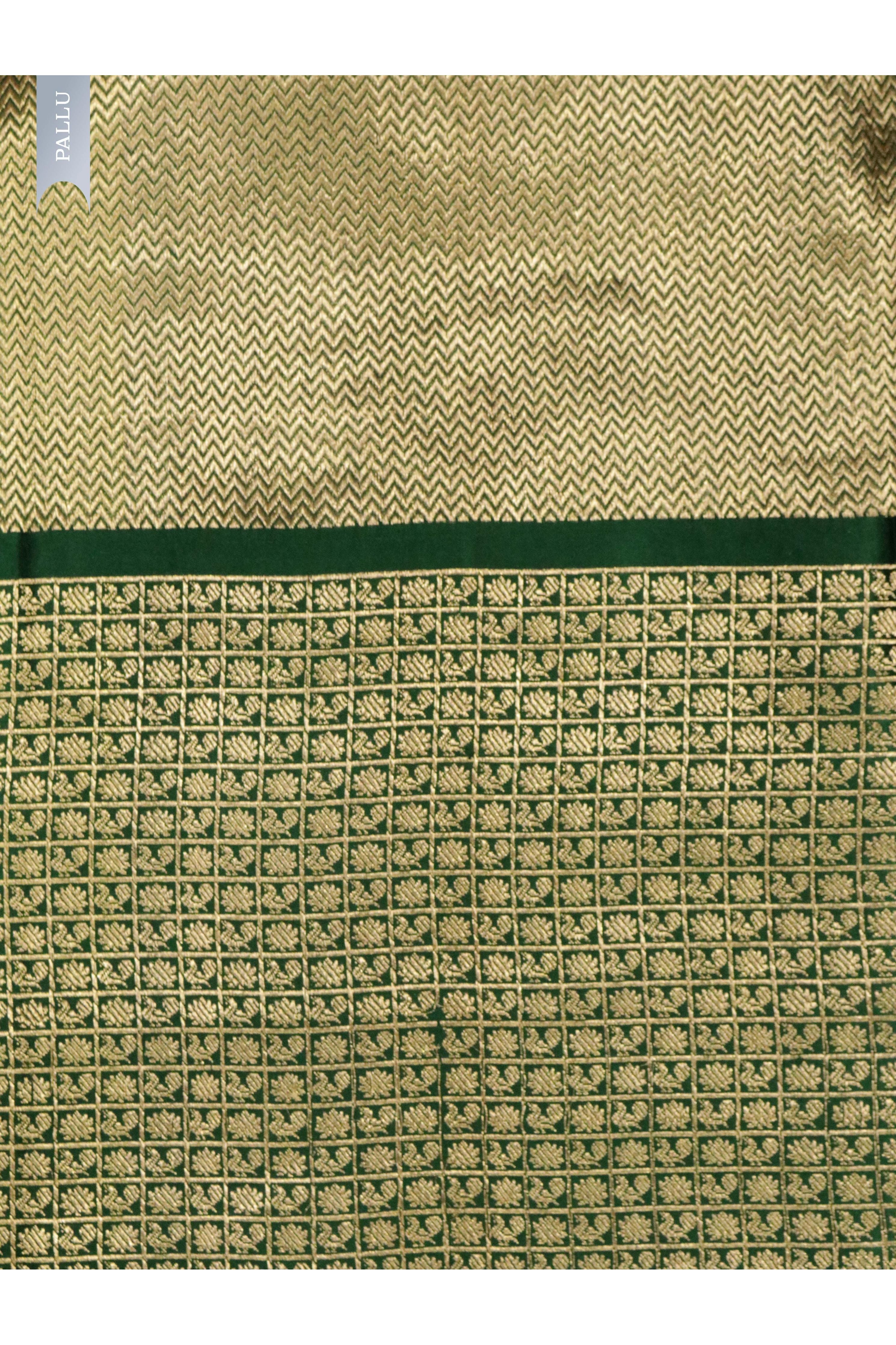 Bottle Green Banarasi Silk Saree with All-Over Buttas & Zari Border - Mokshaa