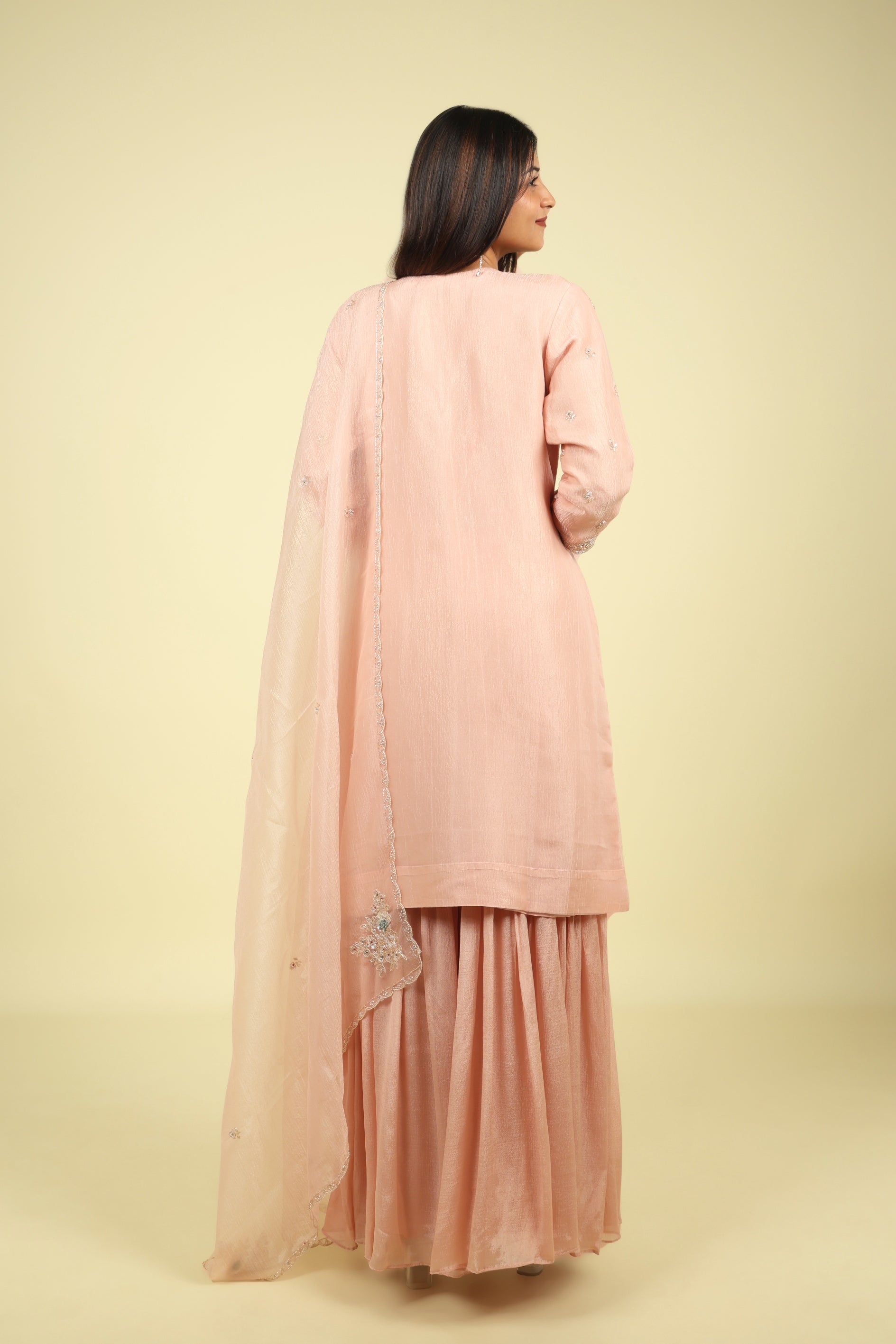 Pink Embroidered Crush Tissue Sharara Set