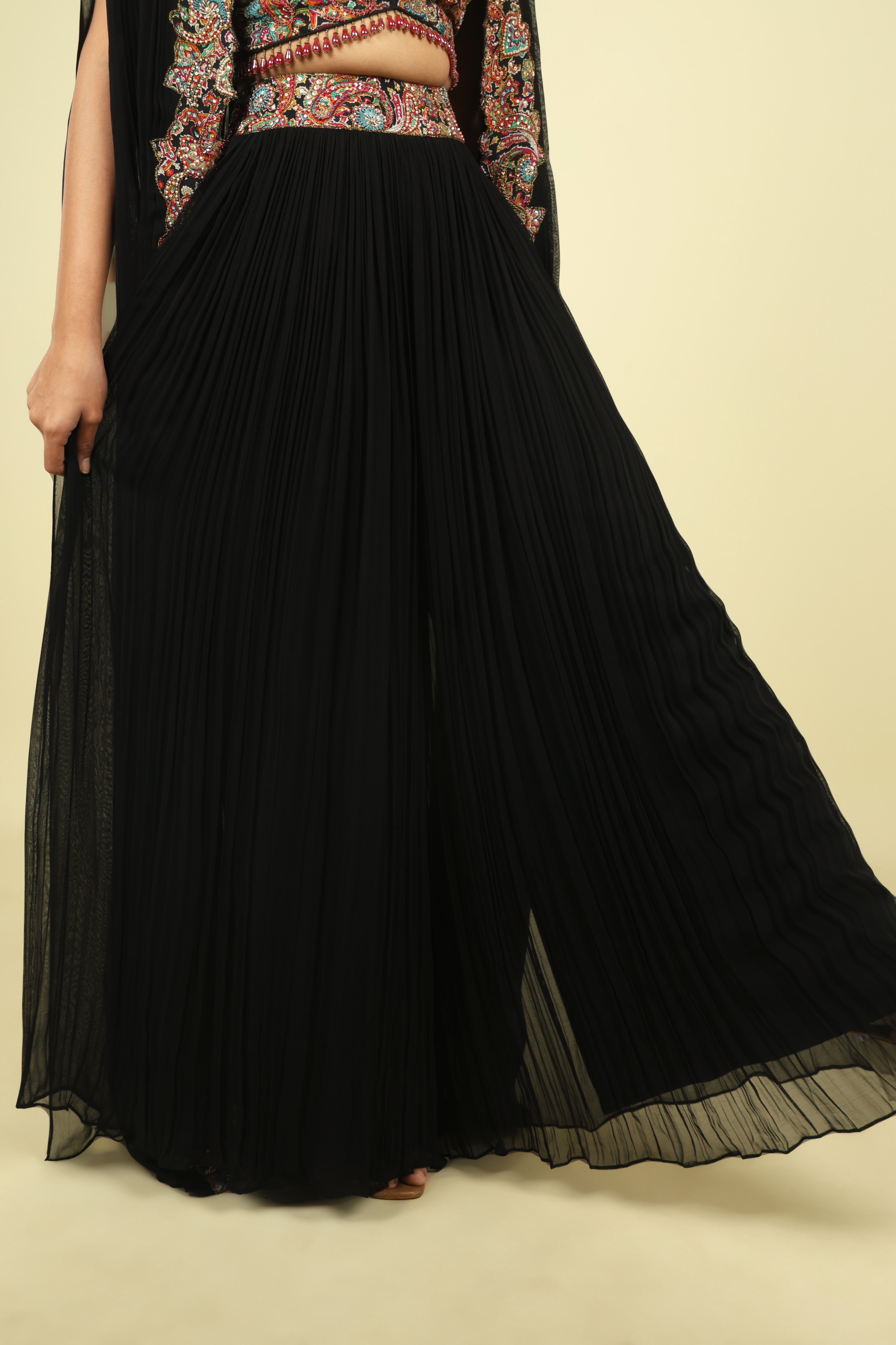 Black Georgette Crop Top Palazzo Set with Embroidered Cape