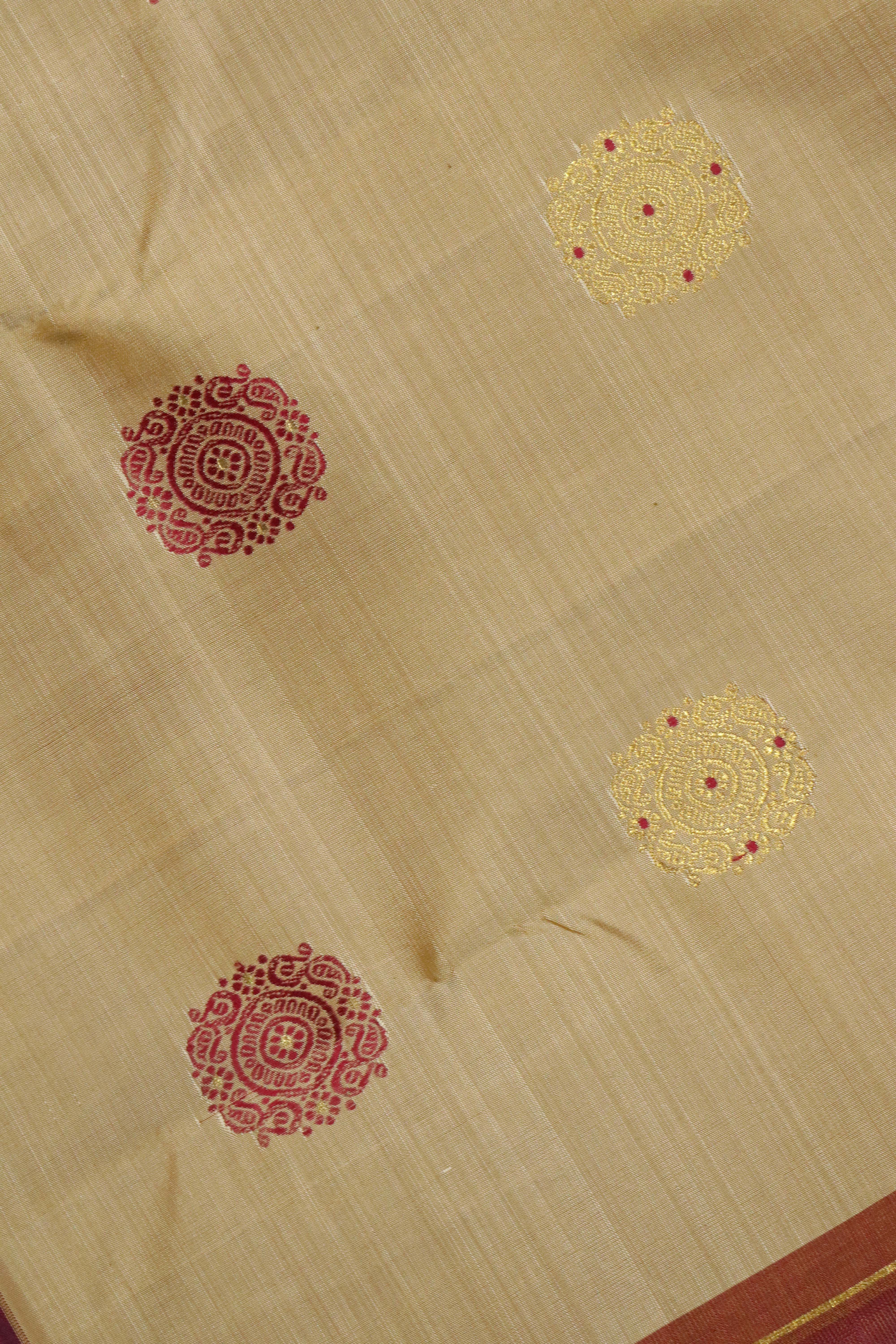 Beige Kanchipuram Silk Saree with Zari & Thread Motifs and Contrast Zari Border