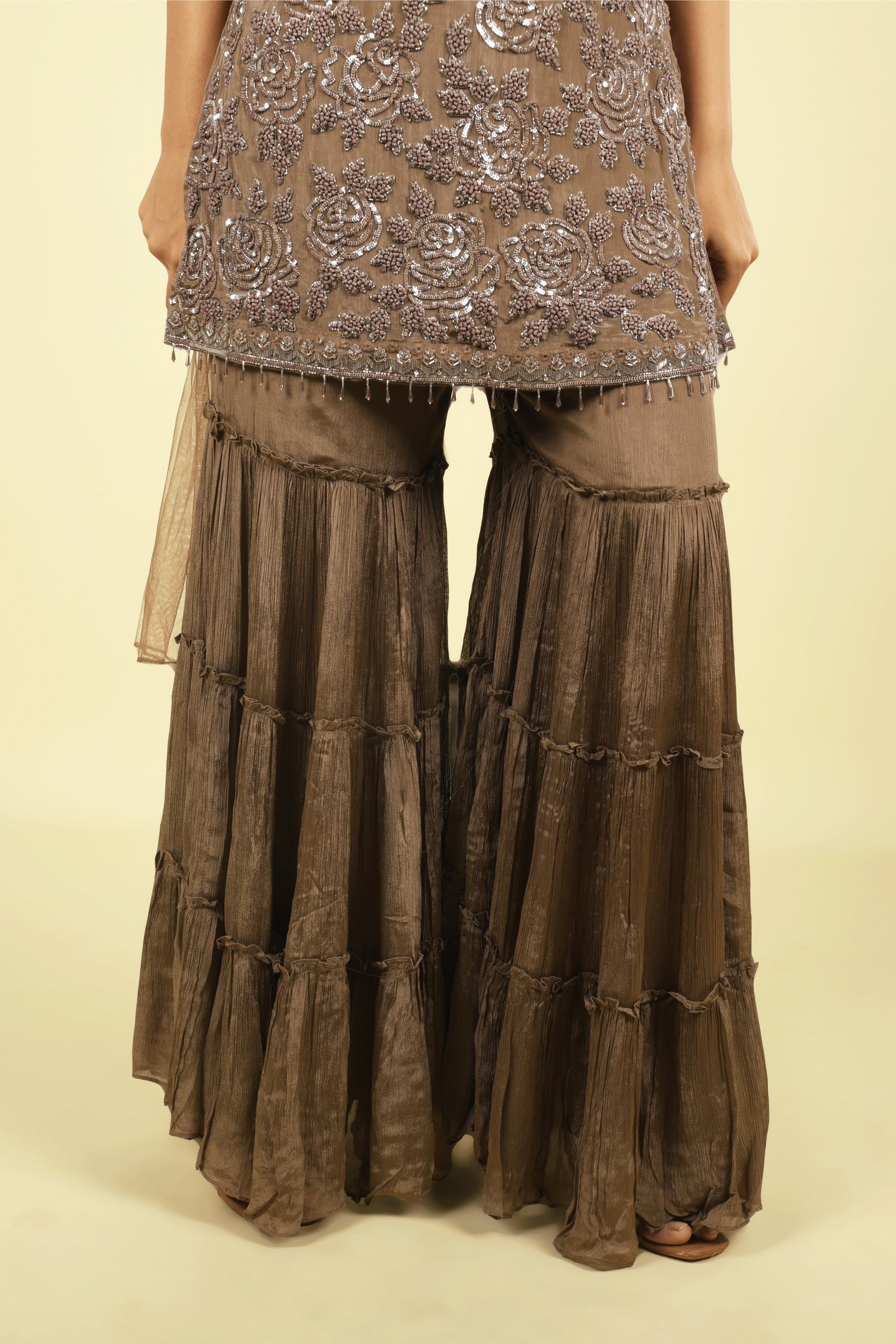 Brown Embroidered Chinon Sharara Set - Mokshaa