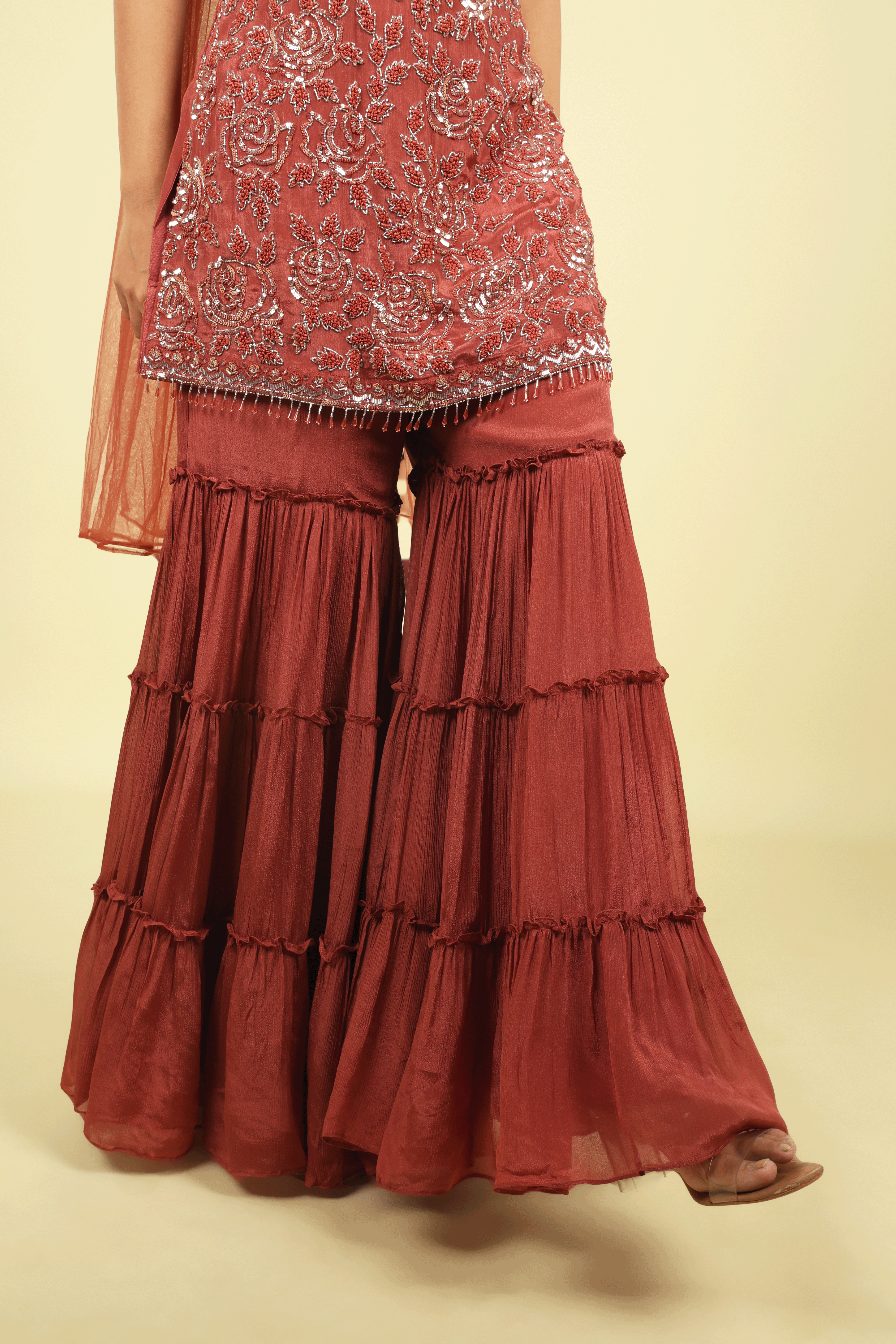 Brick Embroidered Chinon Sharara Set - Mokshaa