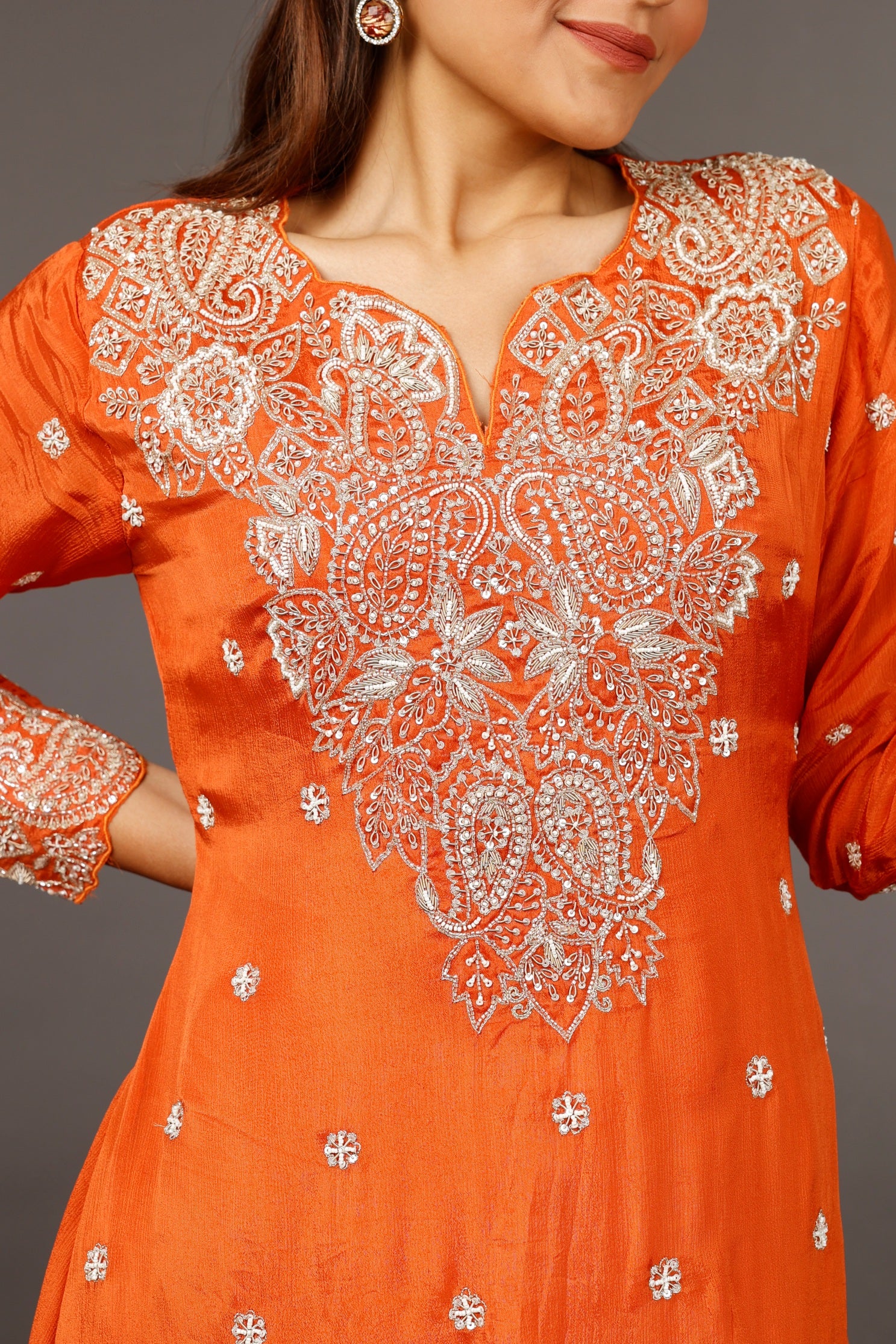 Rust Chinon Silk Indo-Western Kurta with Cream Dhoti Pants