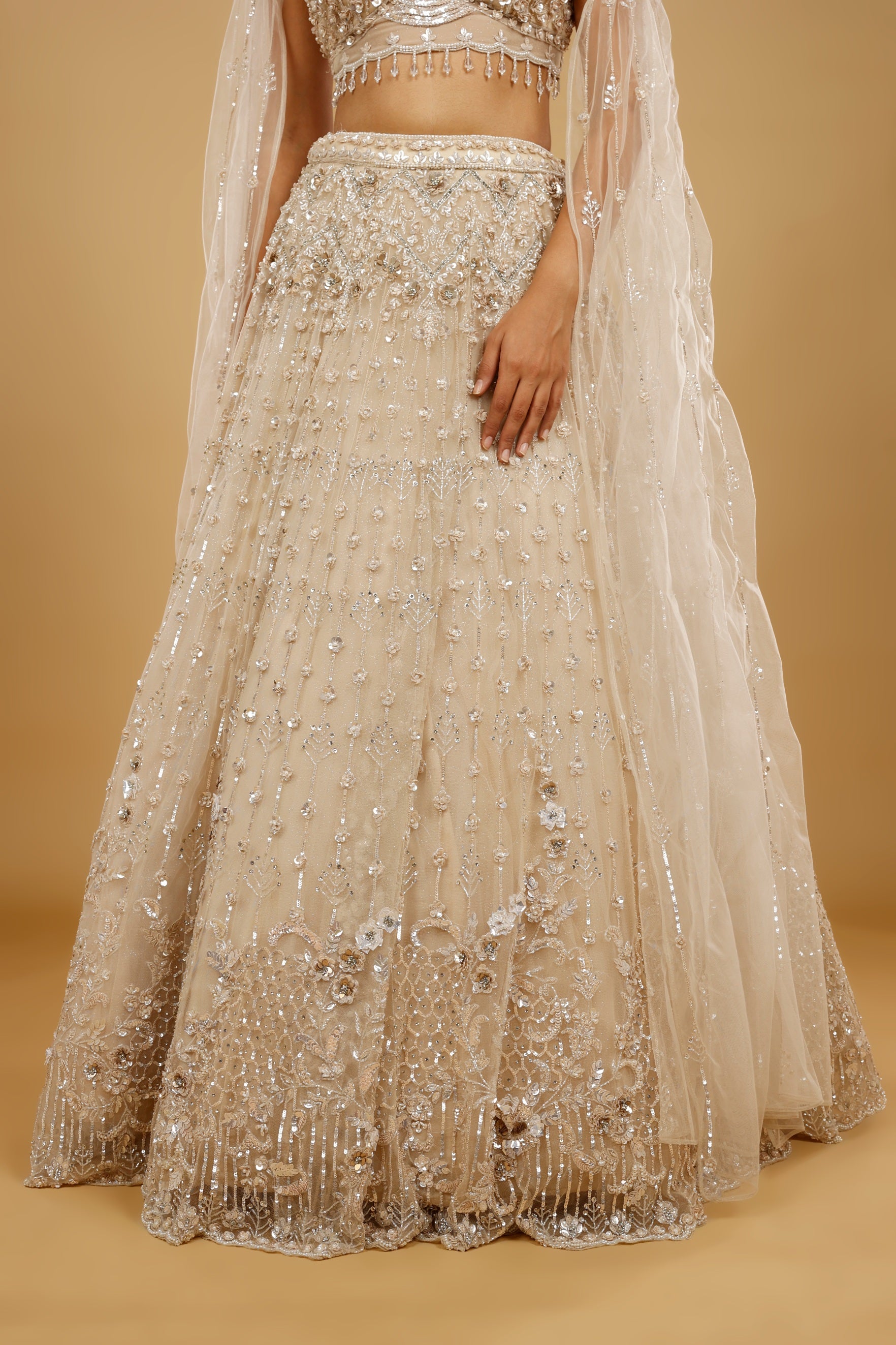 Beige Gold Net Lehenga Set with Sequin, Cutdana & Stone Embroidery